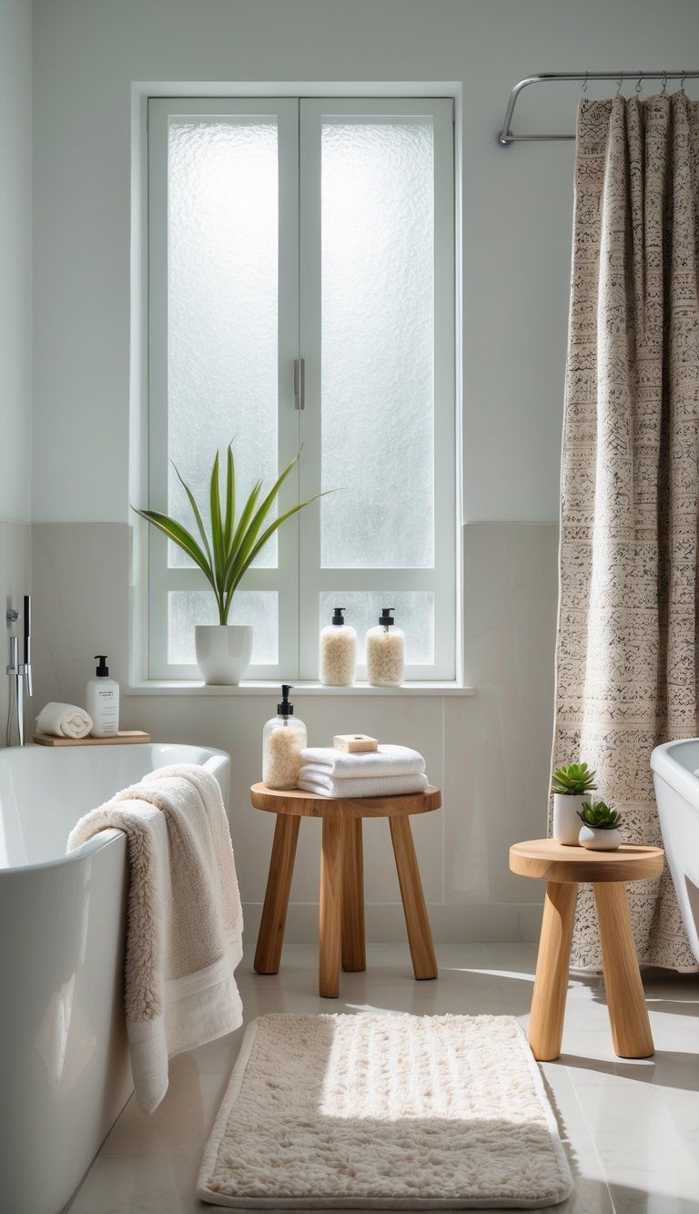 A bright bathroom with a white bathtub, folded towels on a wooden stool, bath accessories on a marble countertop, and a small potted plant near a frosted window.