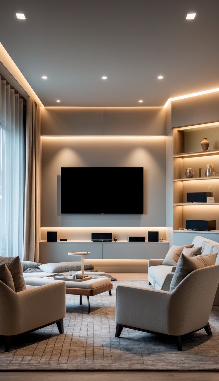 A modern living room with a wall-mounted TV, comfortable seating, and natural light from large windows.