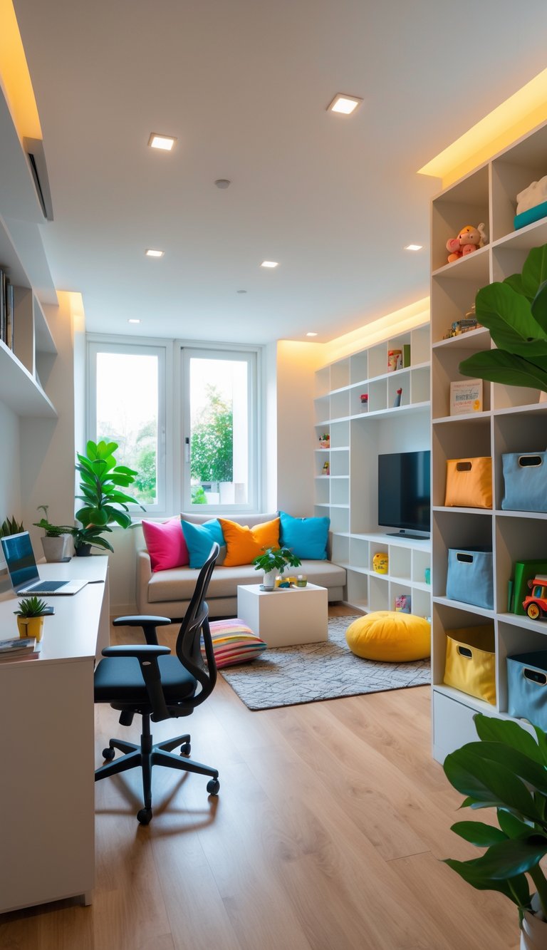 A bright room with a home office setup, a cozy lounge area, and a play corner featuring organized storage and comfortable furniture.