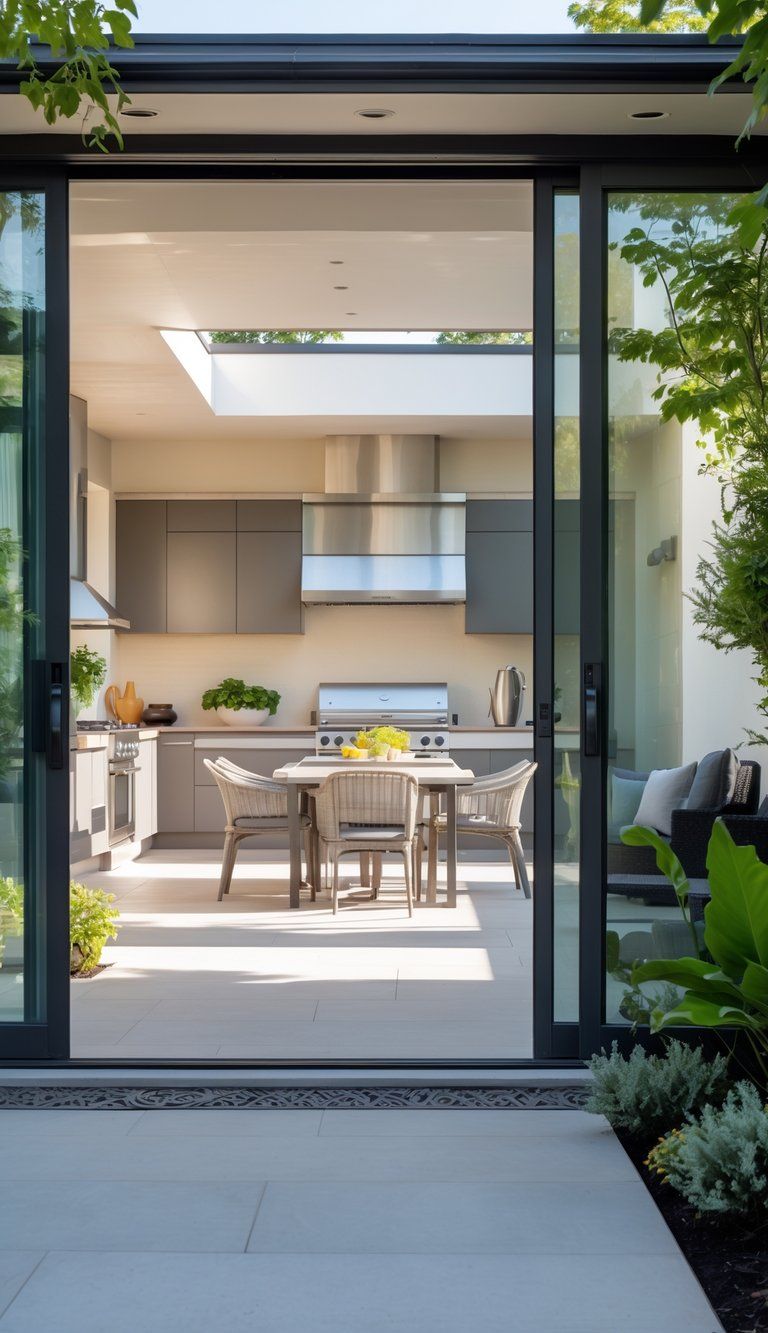 An outdoor living area connected to an indoor kitchen through open sliding glass doors, featuring seating, dining space, and a modern outdoor kitchen surrounded by greenery.