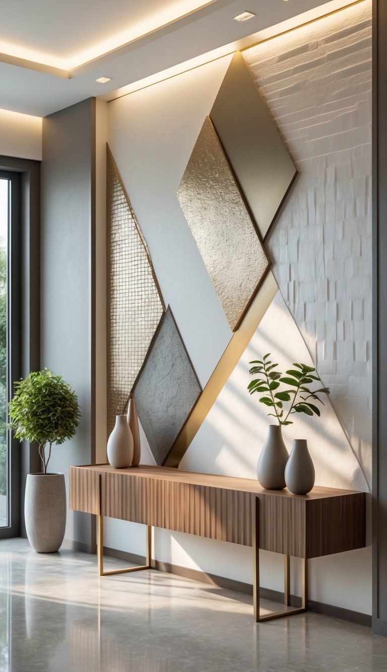 Interior wall with textured and patterned finishes, a wooden console table with decorative items, and natural light highlighting the wall.