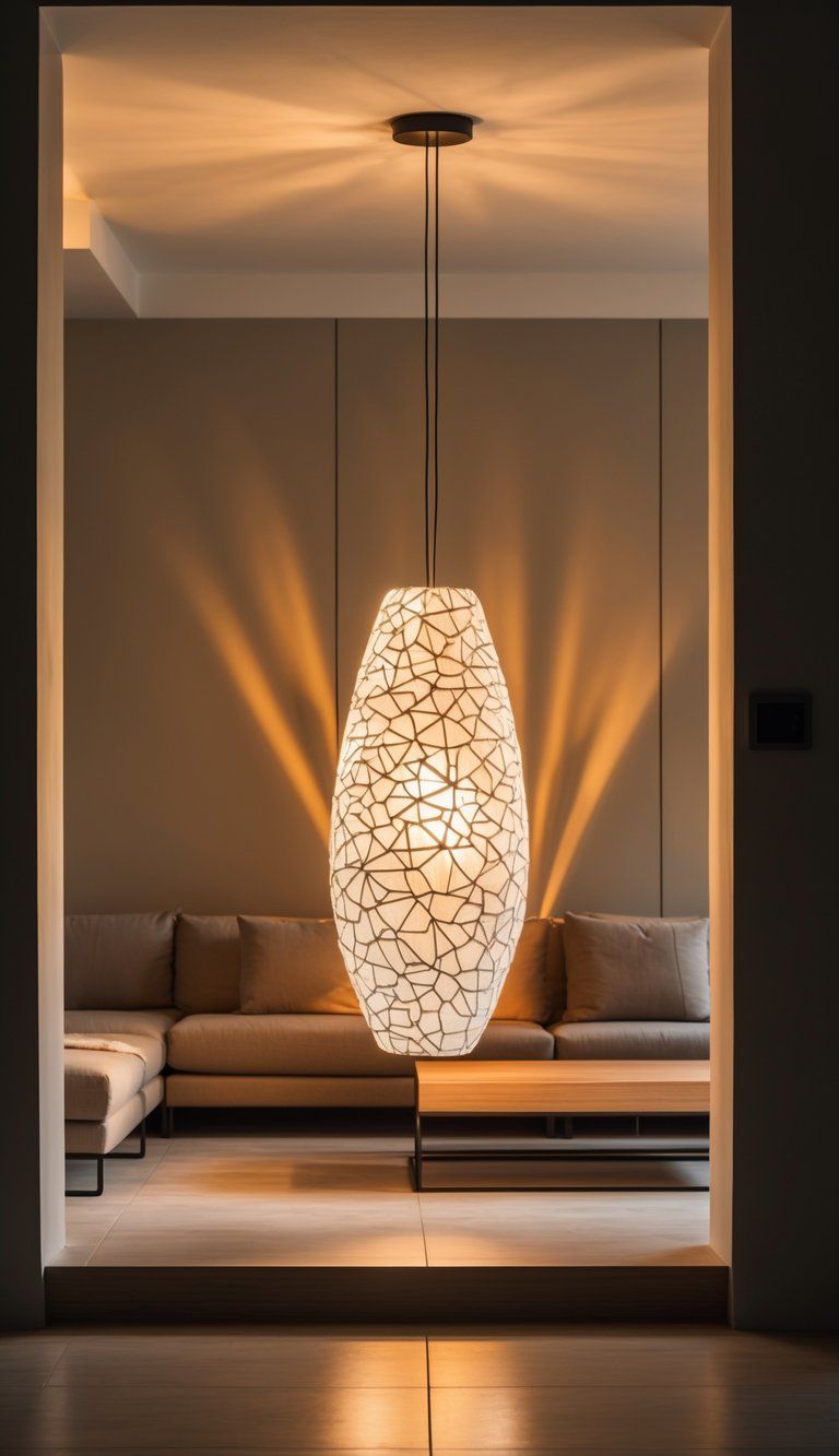 A living room with simple decor highlighted by a large, artistic pendant light creating warm illumination and shadows.
