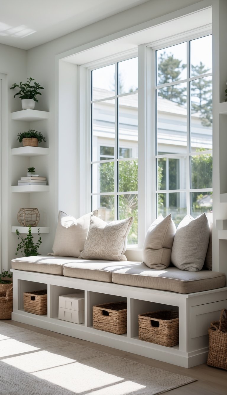 A window seat with built-in storage underneath, filled with organized baskets and books, in a bright living room with large windows.
