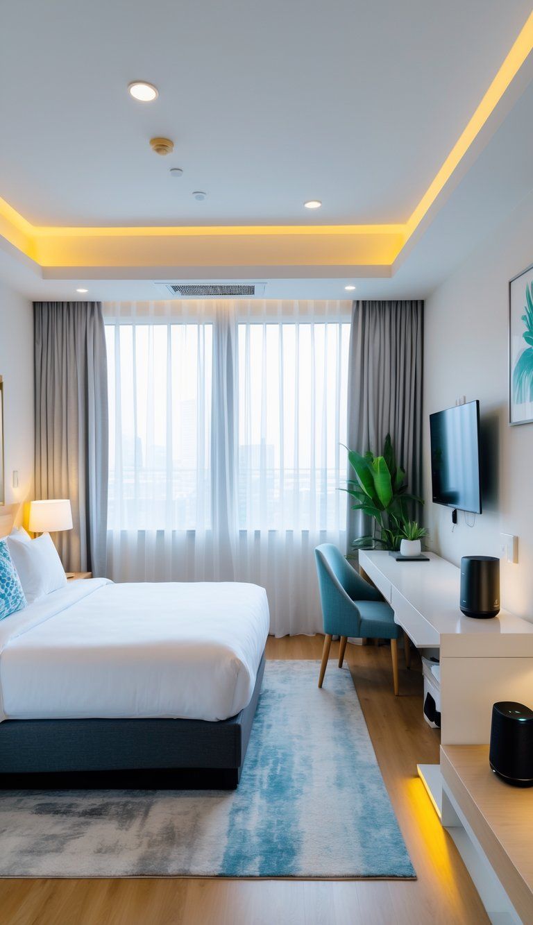 A well-lit guest room with a comfortable bed, smart speaker, wireless charger, laptop on a desk, flat-screen TV, air purifier, and cozy seating.