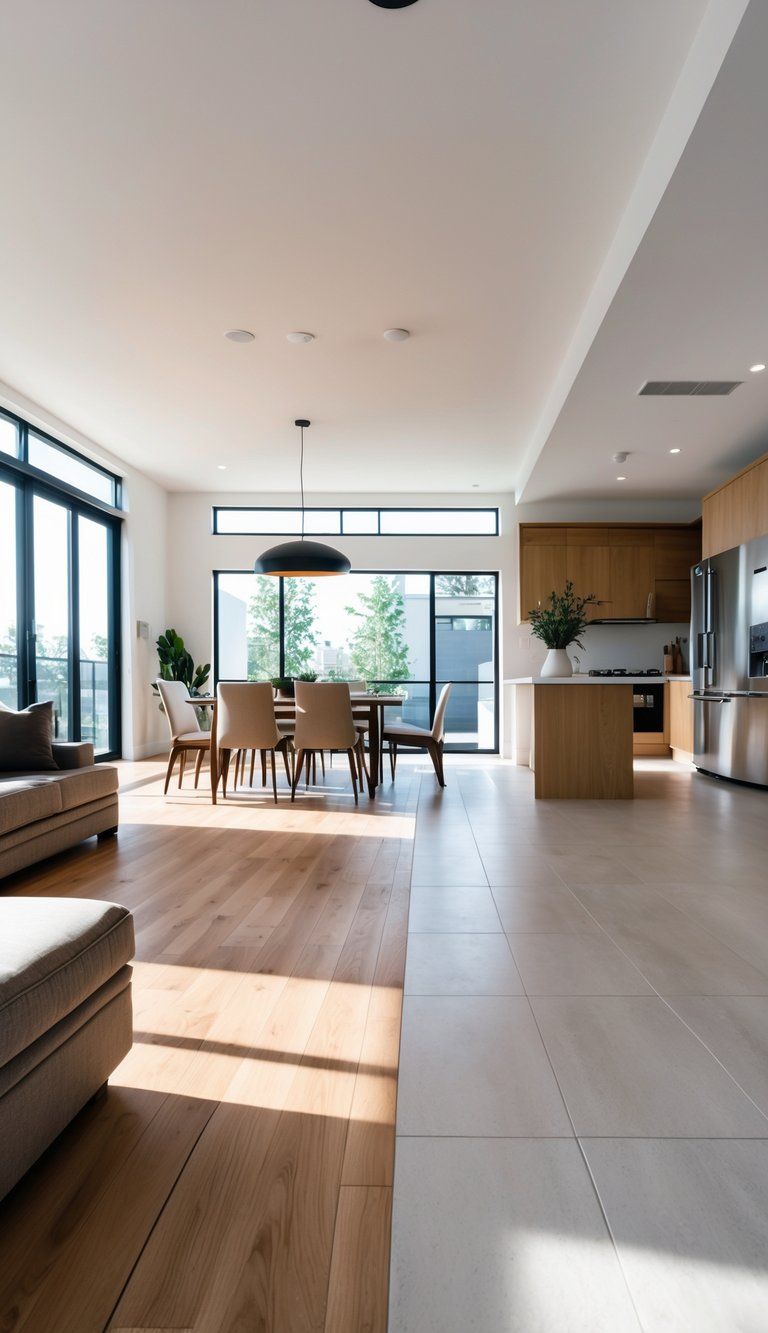 Open concept room with living, dining, and kitchen areas defined by different types of flooring and materials.