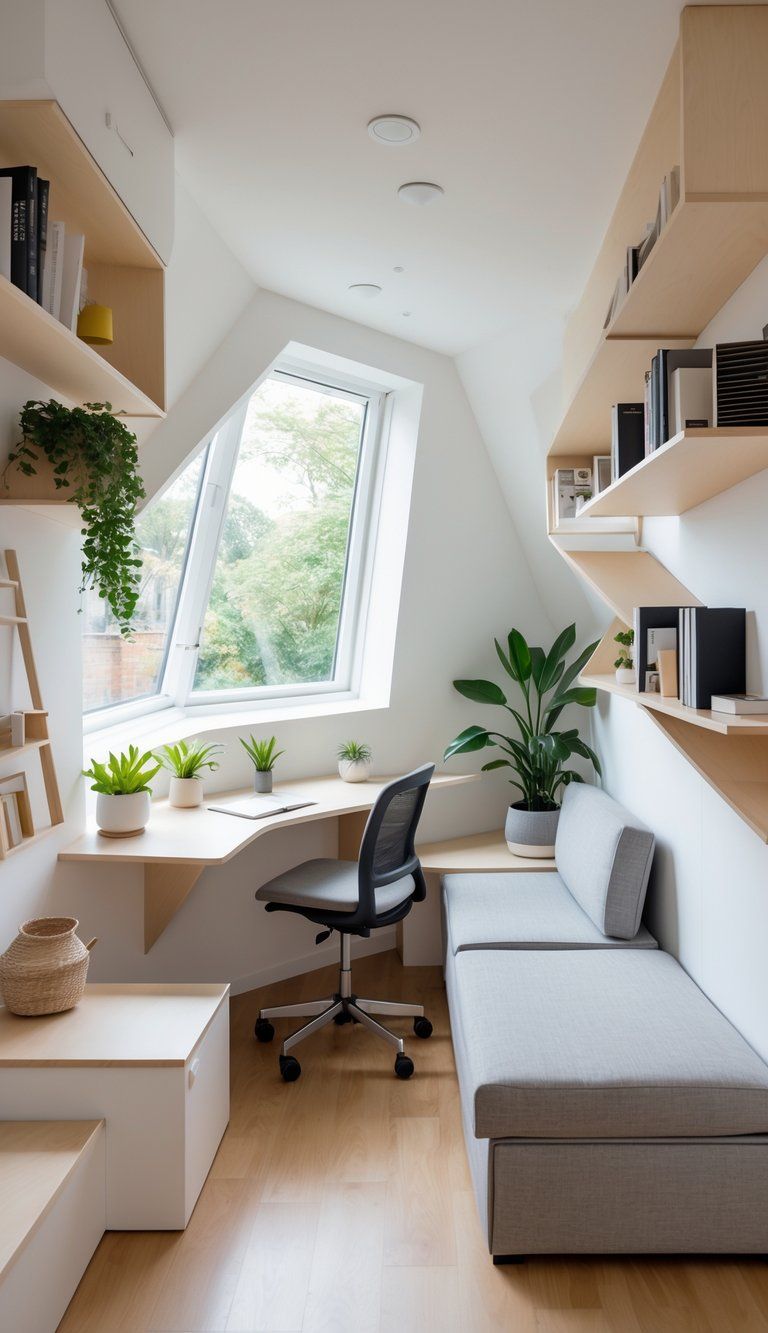 A small, uniquely shaped room with custom shelving, a compact desk, and multi-purpose furniture arranged to maximize space and functionality.