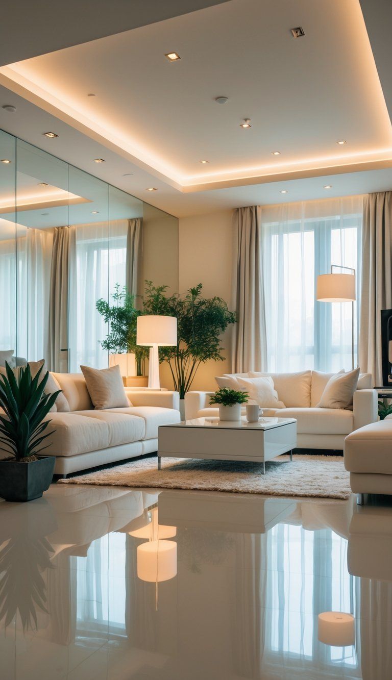 A living room with neutral walls, bright artificial lighting, mirrors, light-colored furniture, and indoor plants to brighten a space with limited natural light.