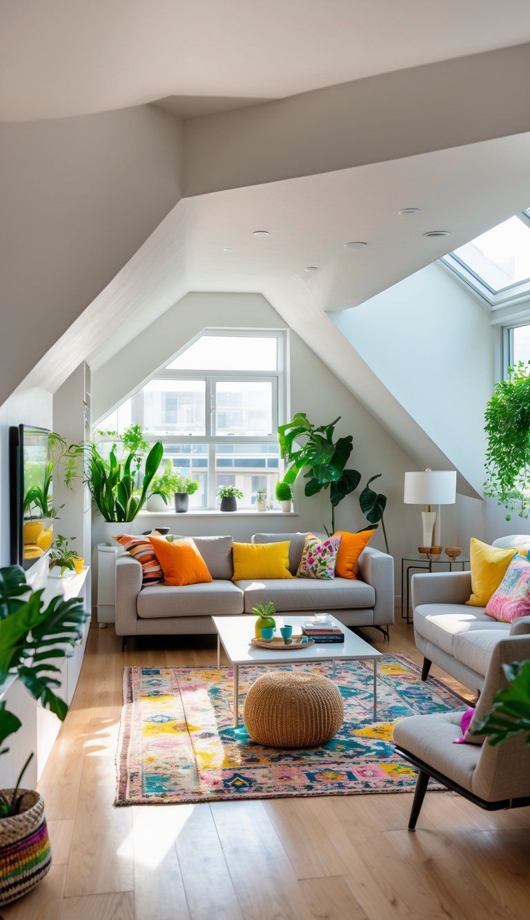 A well-arranged living room with angled walls, featuring a sofa, armchairs, coffee table, indoor plants, and natural light.