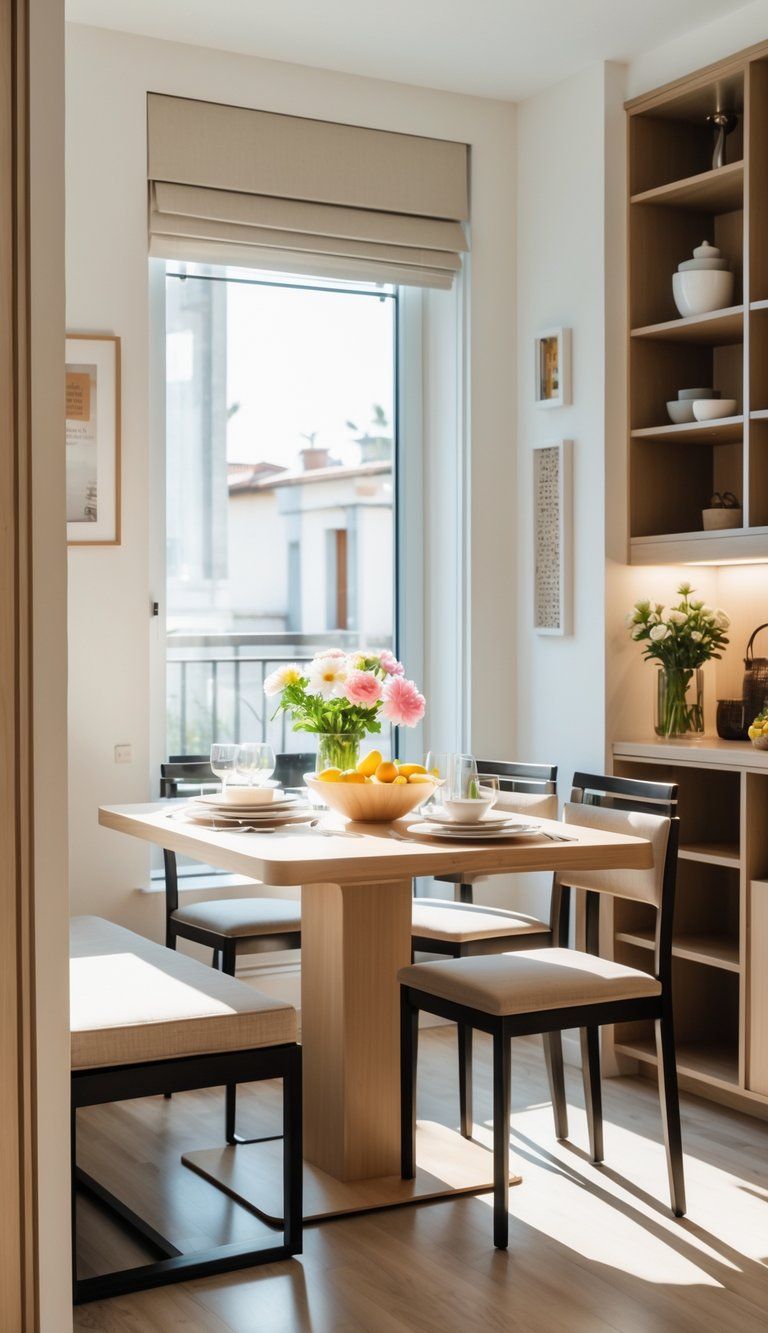 A small dining room with a compact table set for four, natural light from a window, and neatly arranged furniture and decor.