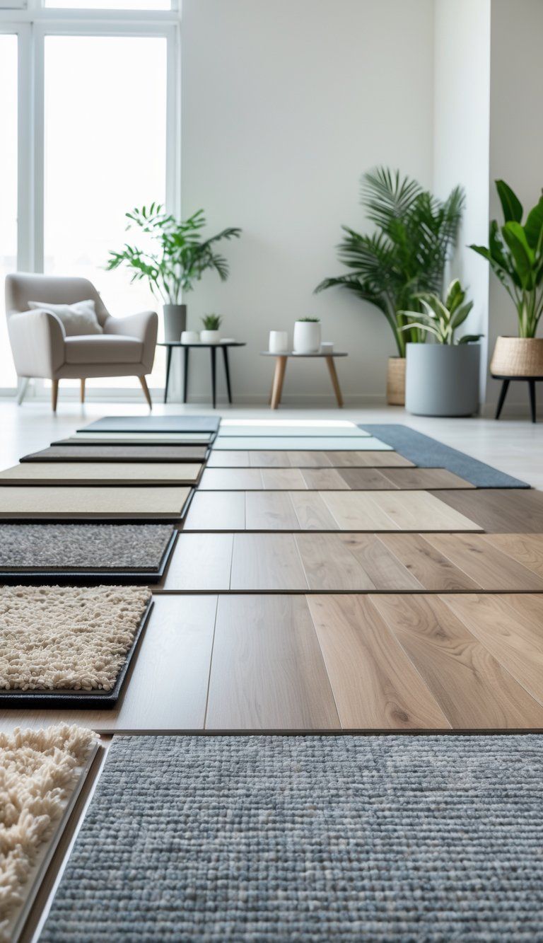 Showroom interior displaying different flooring materials including carpet, hardwood, laminate, and acoustic tiles arranged in separate areas with furniture and plants.