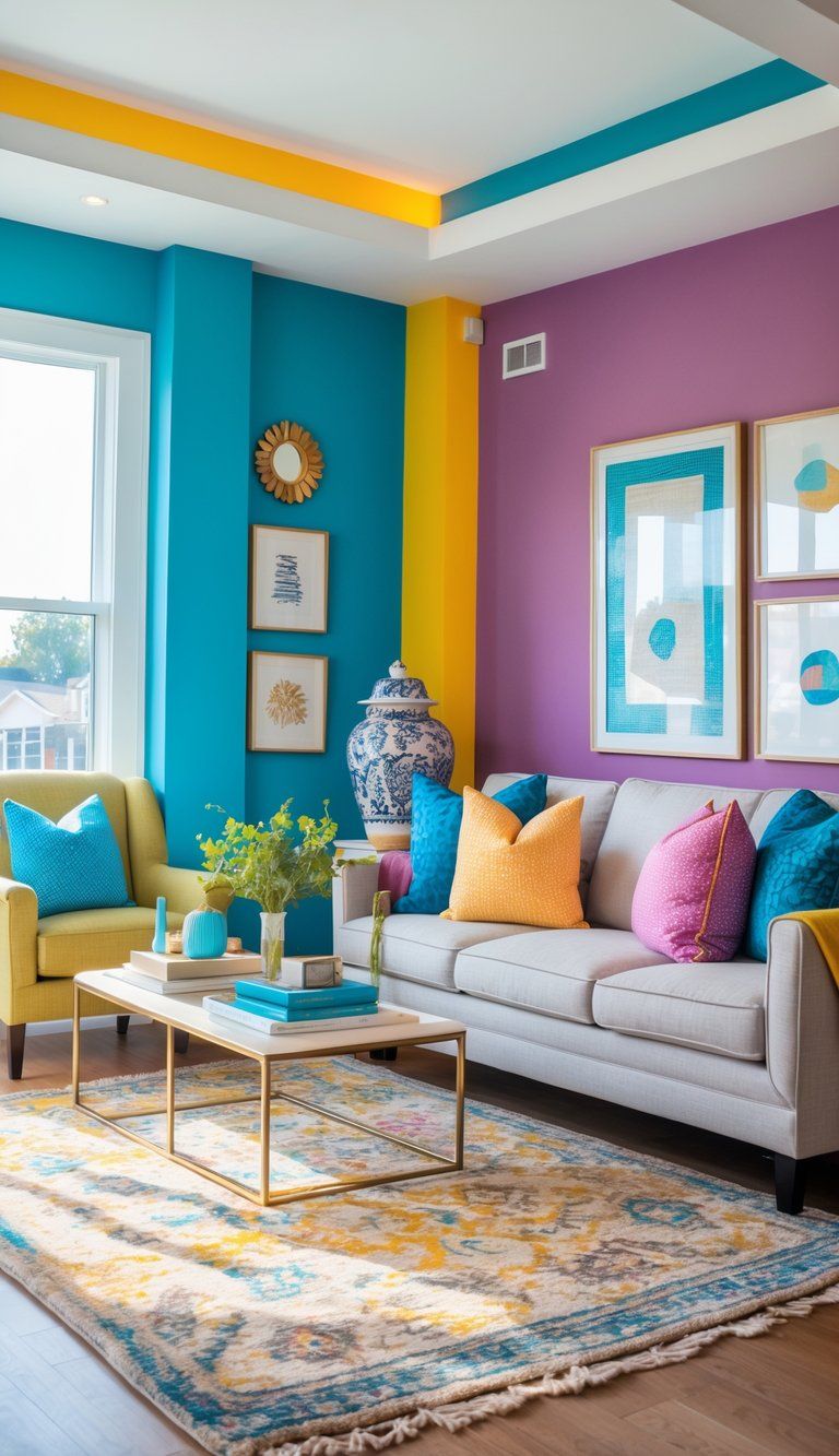 A well-lit living room with colorful pillows, decorative vases, artwork, and vibrant accent walls.