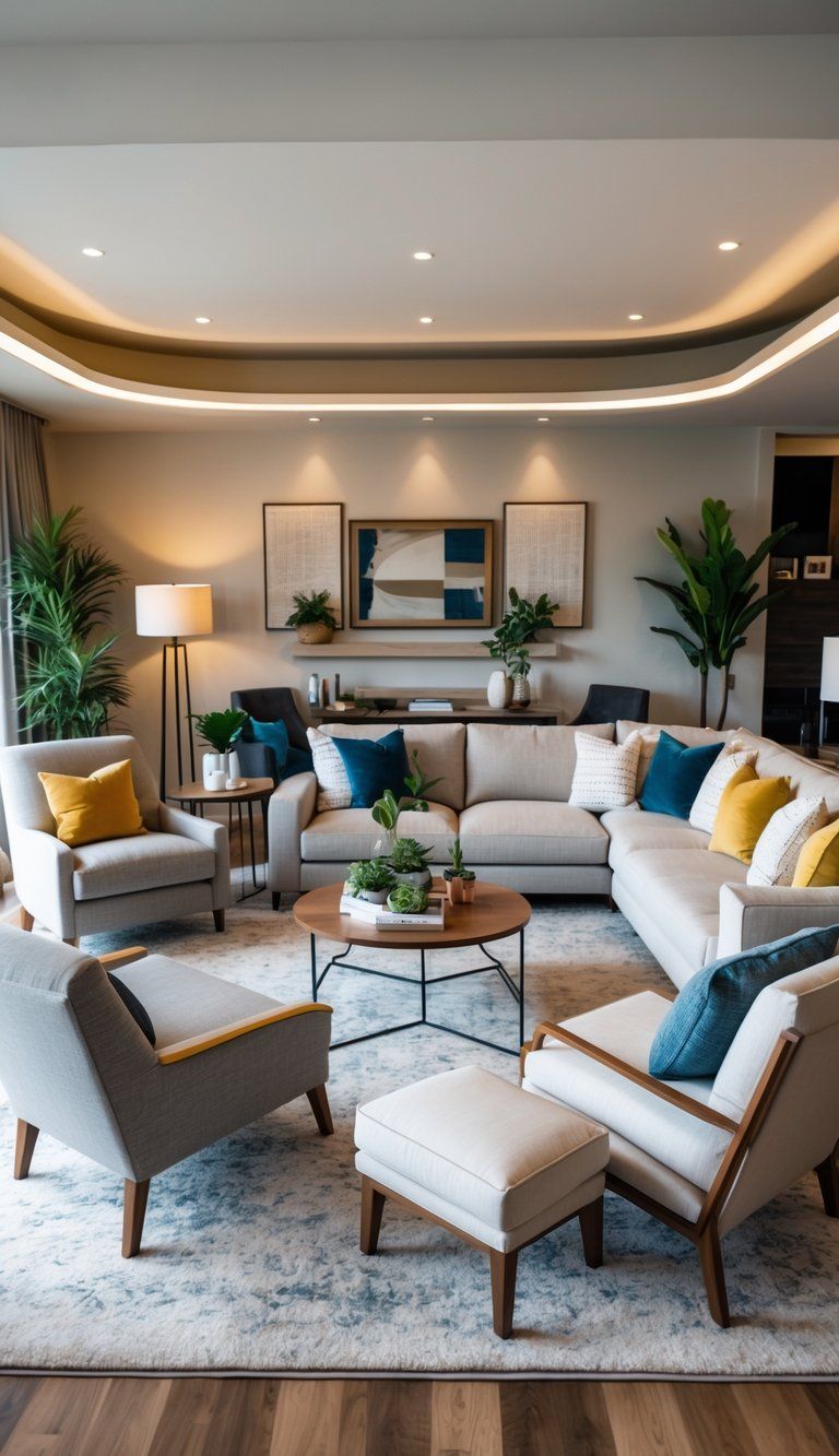 A living room with sofas and chairs arranged in a circle around a coffee table to encourage conversation.