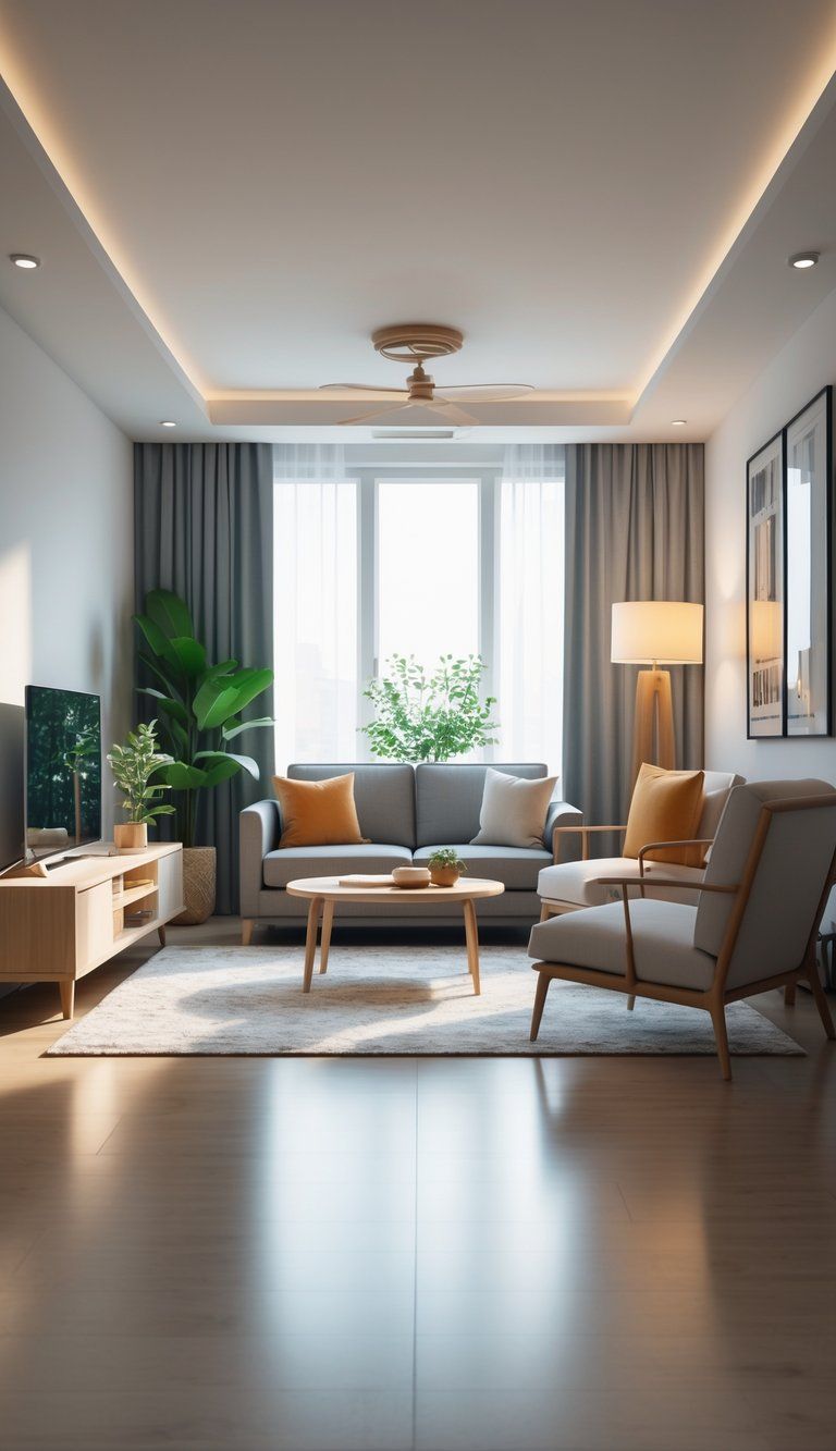 Living room with sofa, coffee table, armchair, plants, and natural light creating a balanced and spacious interior.