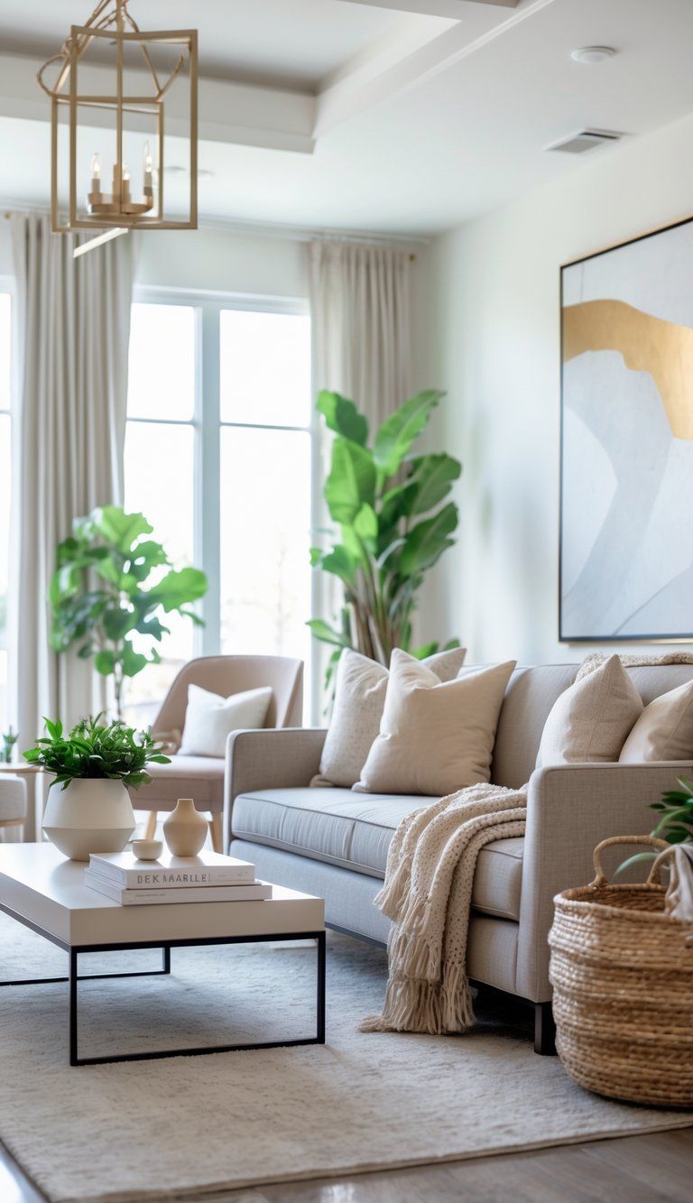 A well-lit living room with a sofa, decorative pillows, a coffee table with plants and vases, a designer armchair, wall art, and natural light coming through large windows.