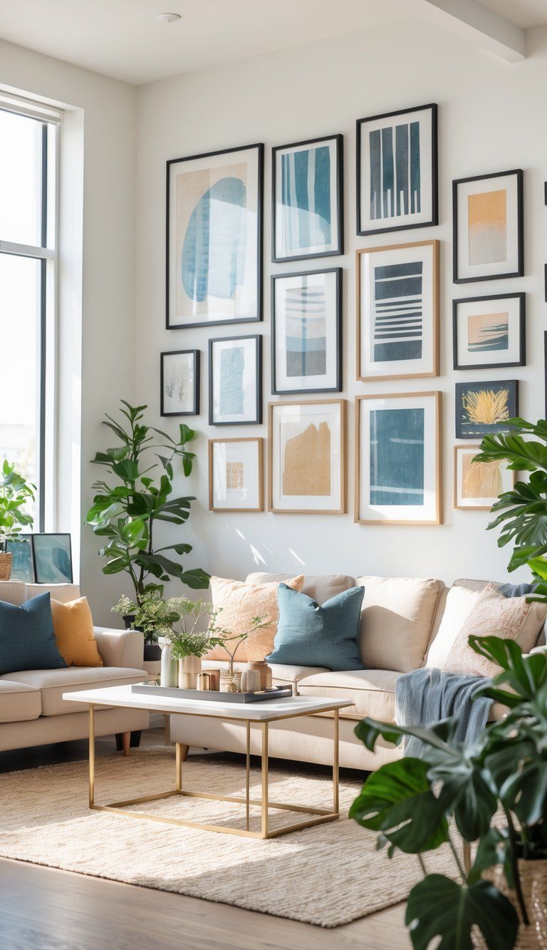 A modern living room with a sofa, coffee table, plants, and a balanced arrangement of framed artworks on the wall.