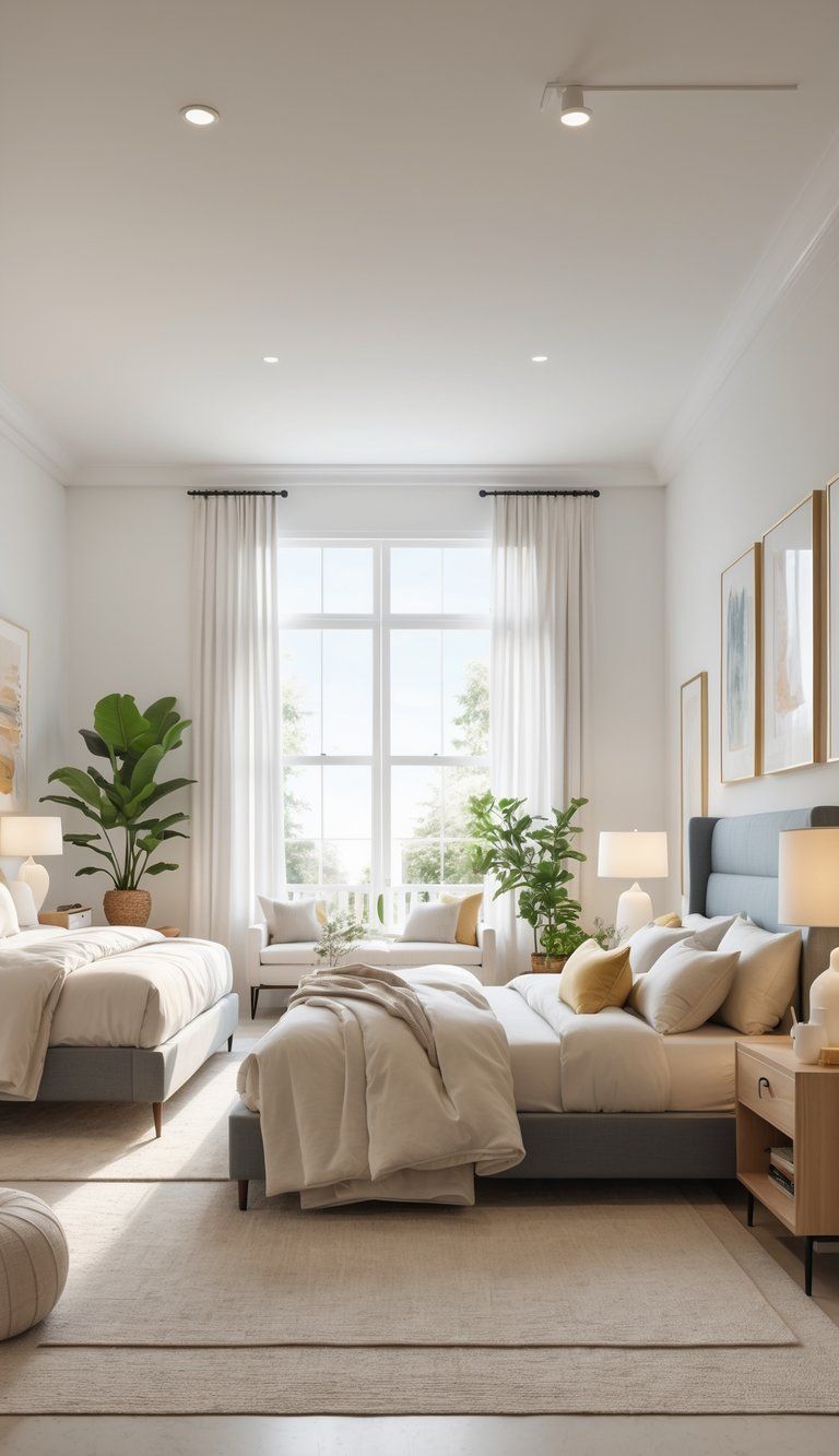 A bright bedroom showing different bed sizes arranged side by side with modern furniture and natural light.