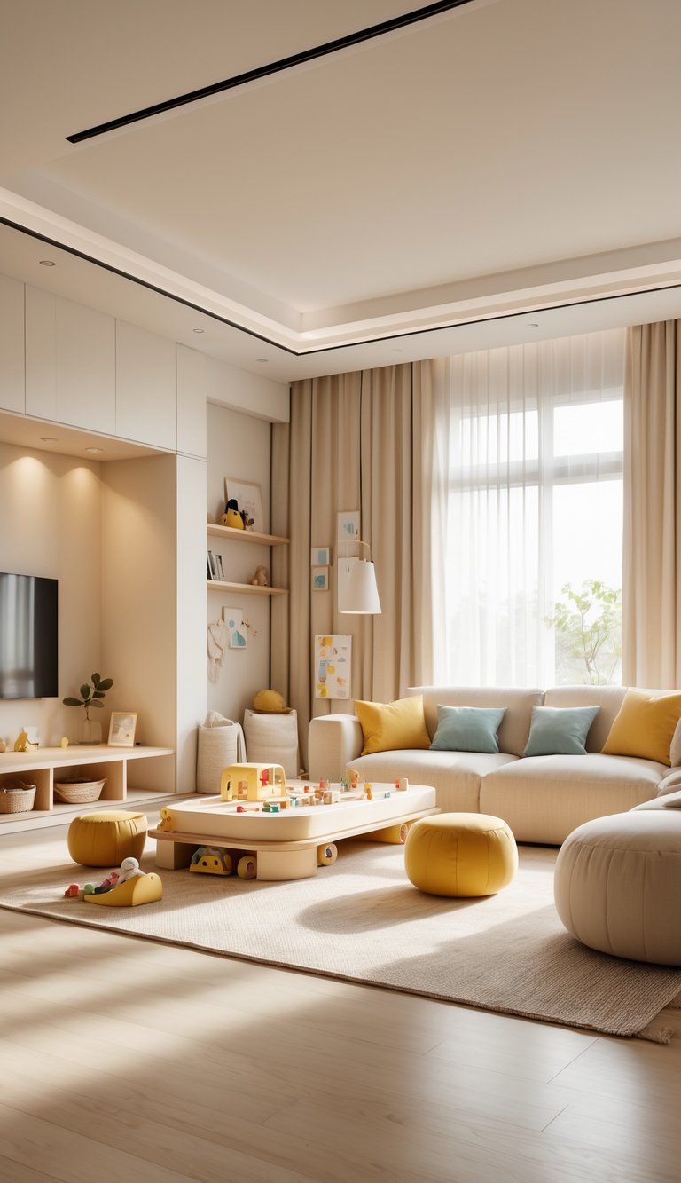 A bright living room with natural light, cozy furniture, and a small, tidy play area subtly integrated into the space.
