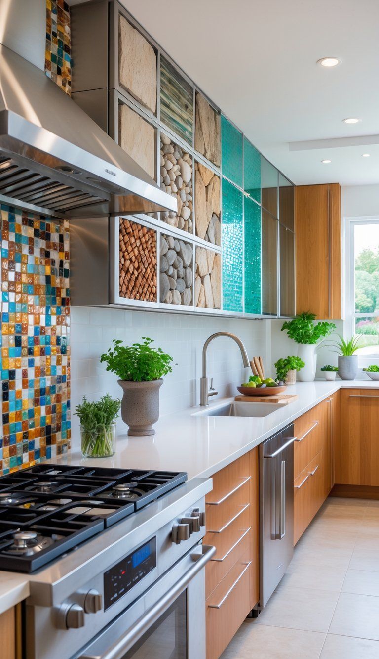 A modern kitchen with various alternative backsplash designs including mosaic tiles, natural stone, glass panels, and geometric patterns behind the countertop and stove.