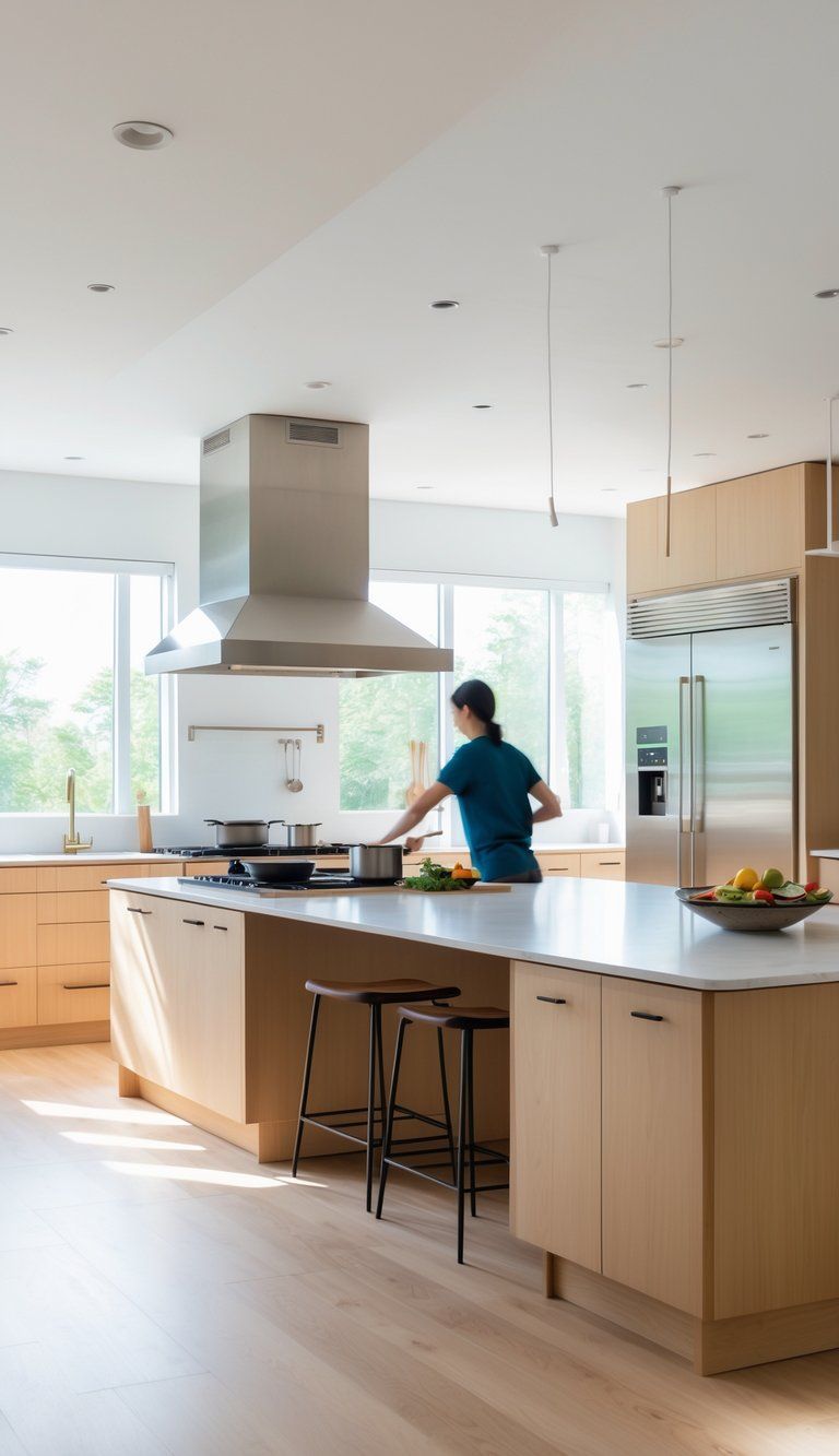 A person cooking in a bright, modern kitchen with a spacious layout, moving efficiently between the stove, sink, and refrigerator.