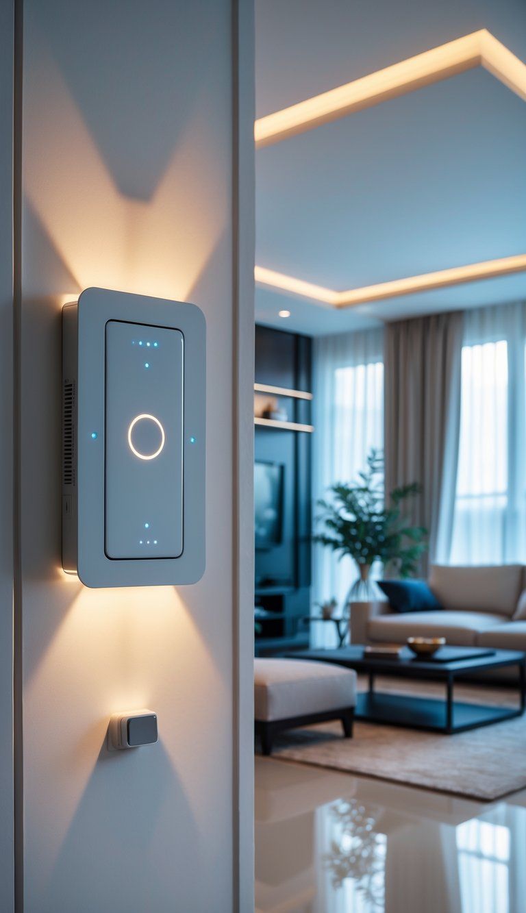 A modern living room with smart dimmer switches on the wall and warm adjustable lighting creating a cozy atmosphere.