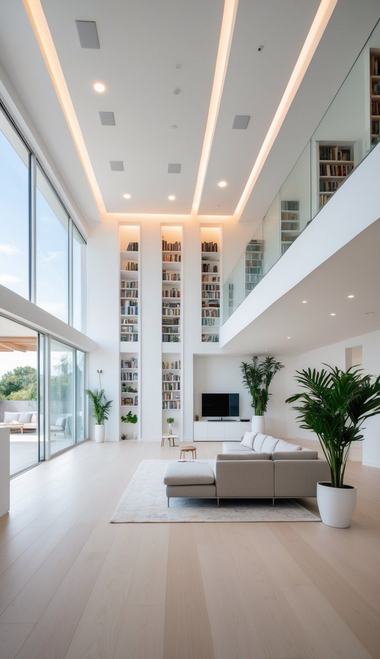 An open living room with low ceilings featuring tall bookshelves, a low sofa, large windows, and vertical elements that make the space feel taller and more open.