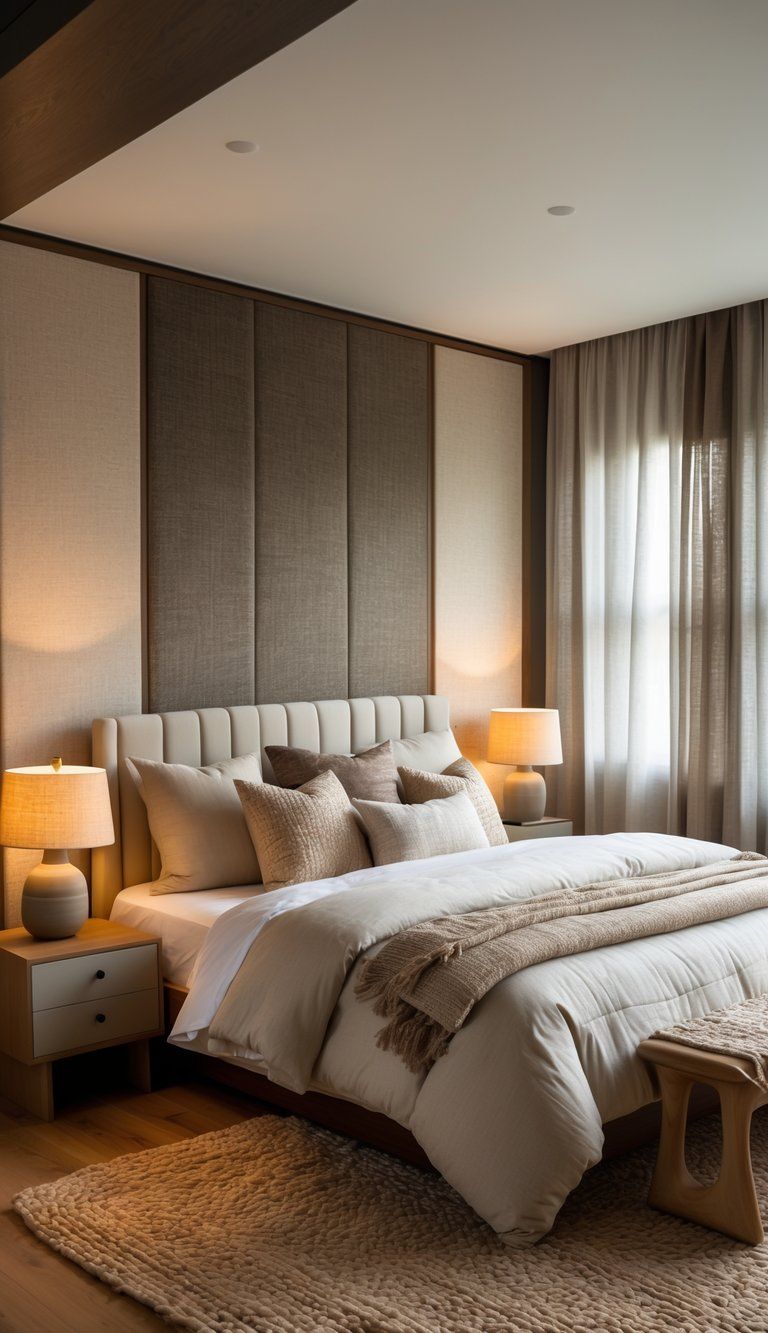 A calm master bedroom with a large bed, textured pillows, wooden nightstand, soft lighting, and natural light coming through sheer curtains.