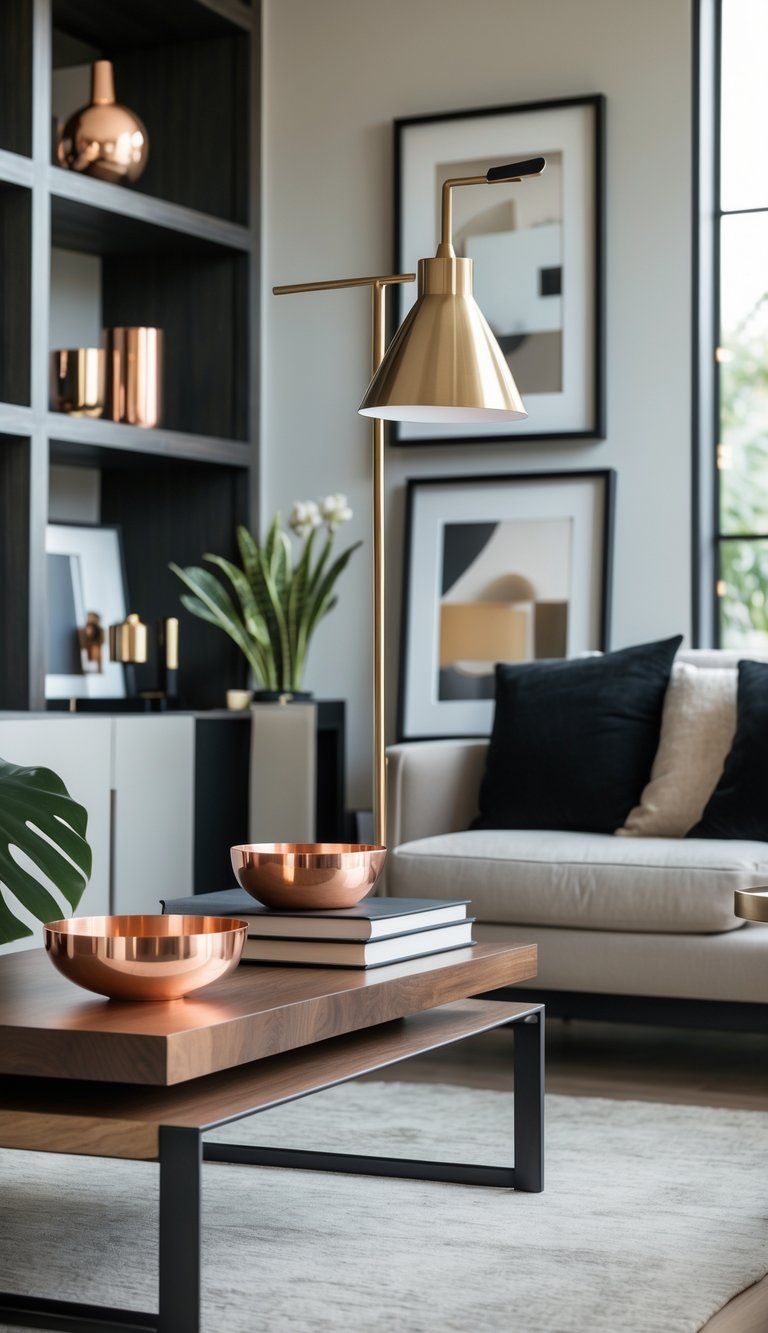 A modern living room interior featuring various metal finishes including brass, chrome, copper, and black accents arranged on furniture and decor items.