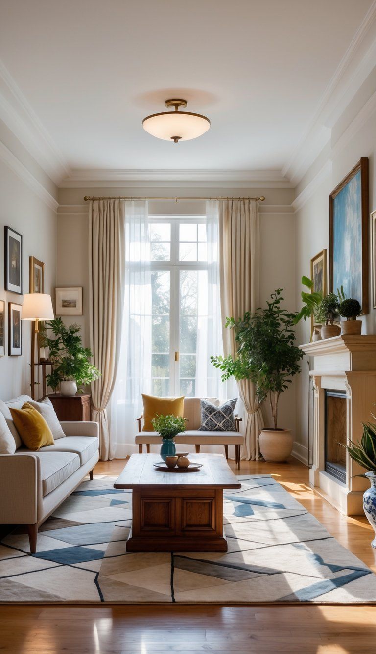 A living room with a sofa, coffee table, fireplace, large windows, and decorative plants.
