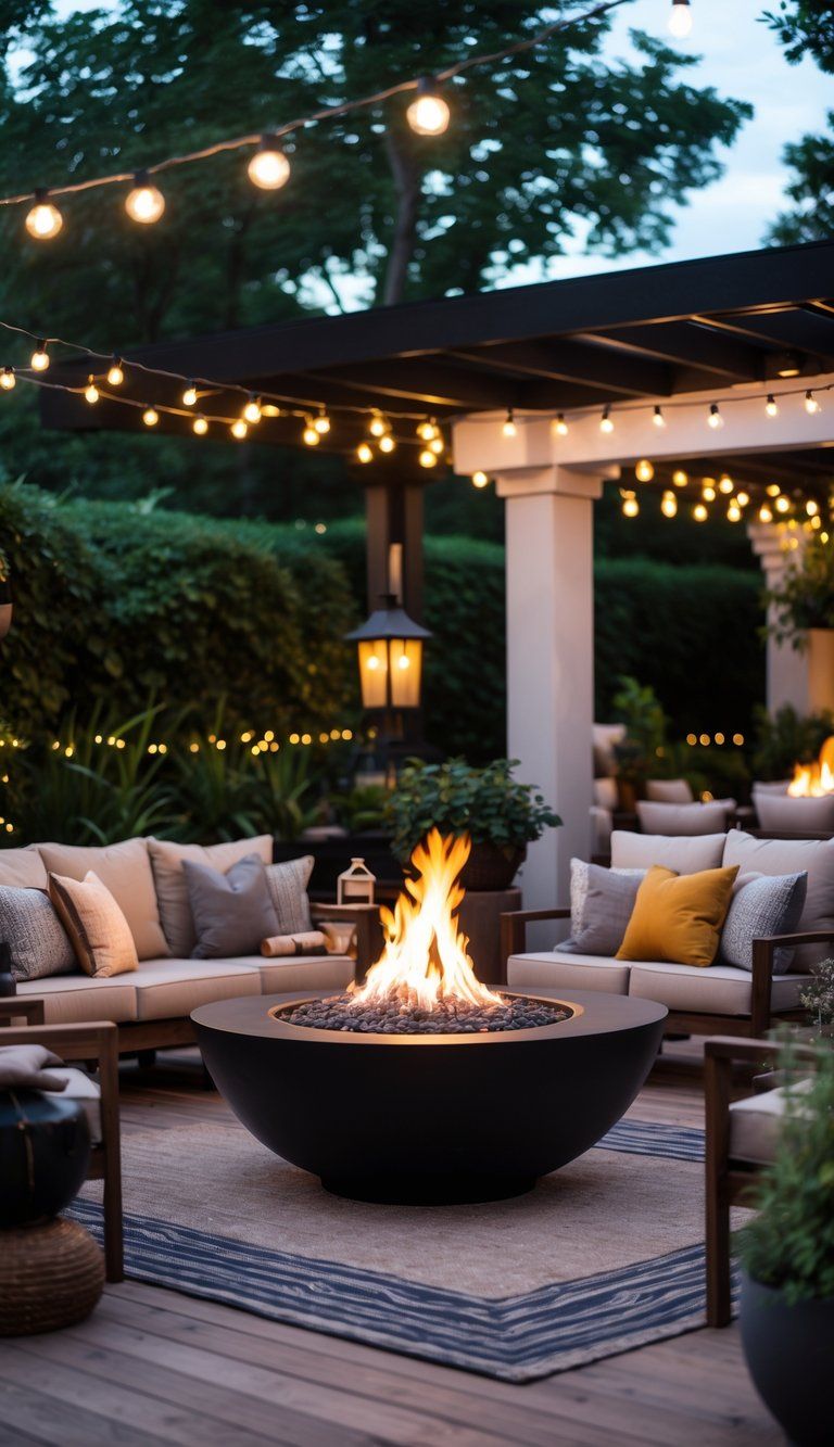 An outdoor living space with a fire pit surrounded by comfortable seating, plants, and soft lighting at dusk.
