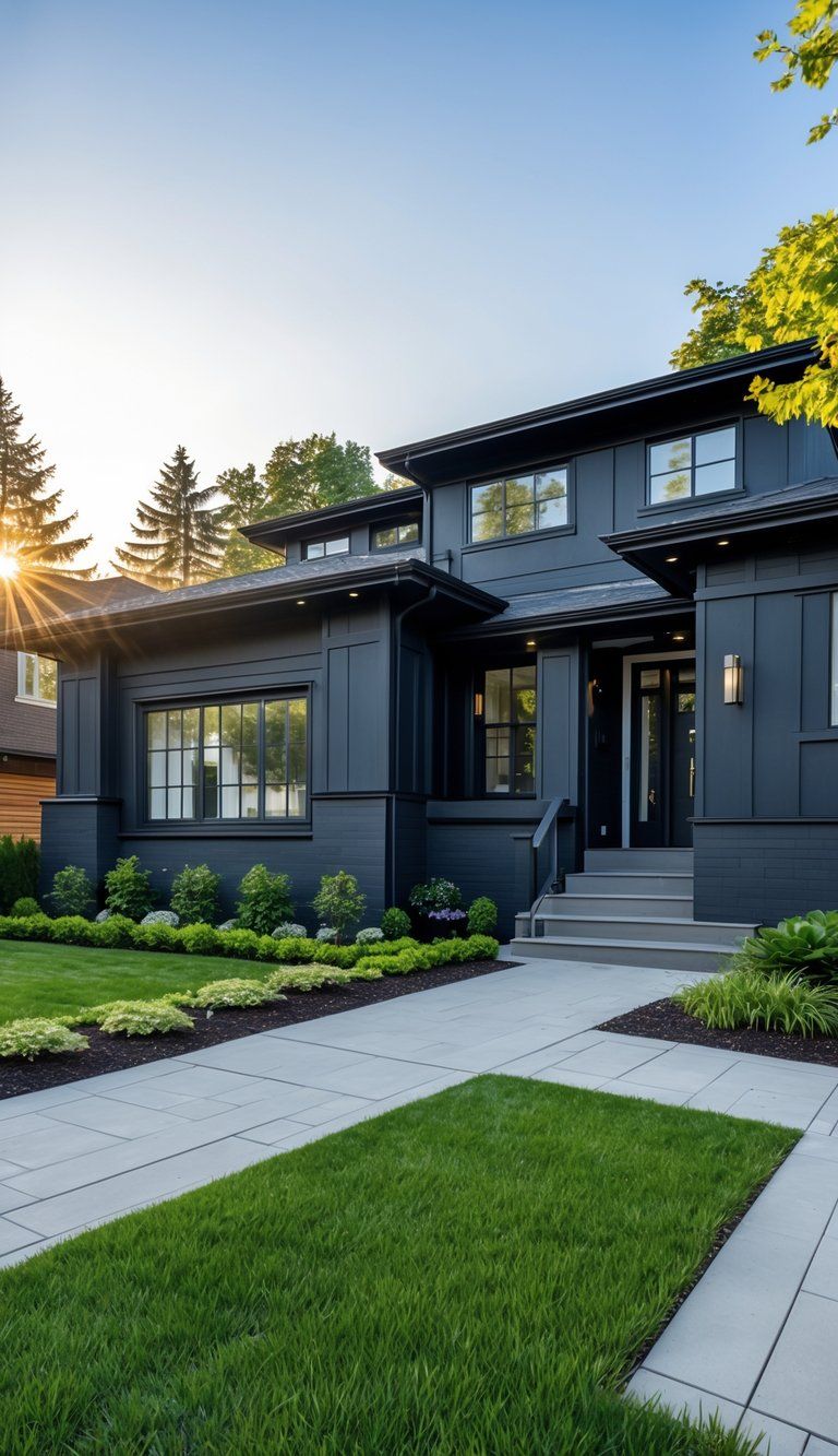Front view of a modern house with dark exterior paint and a landscaped front yard.