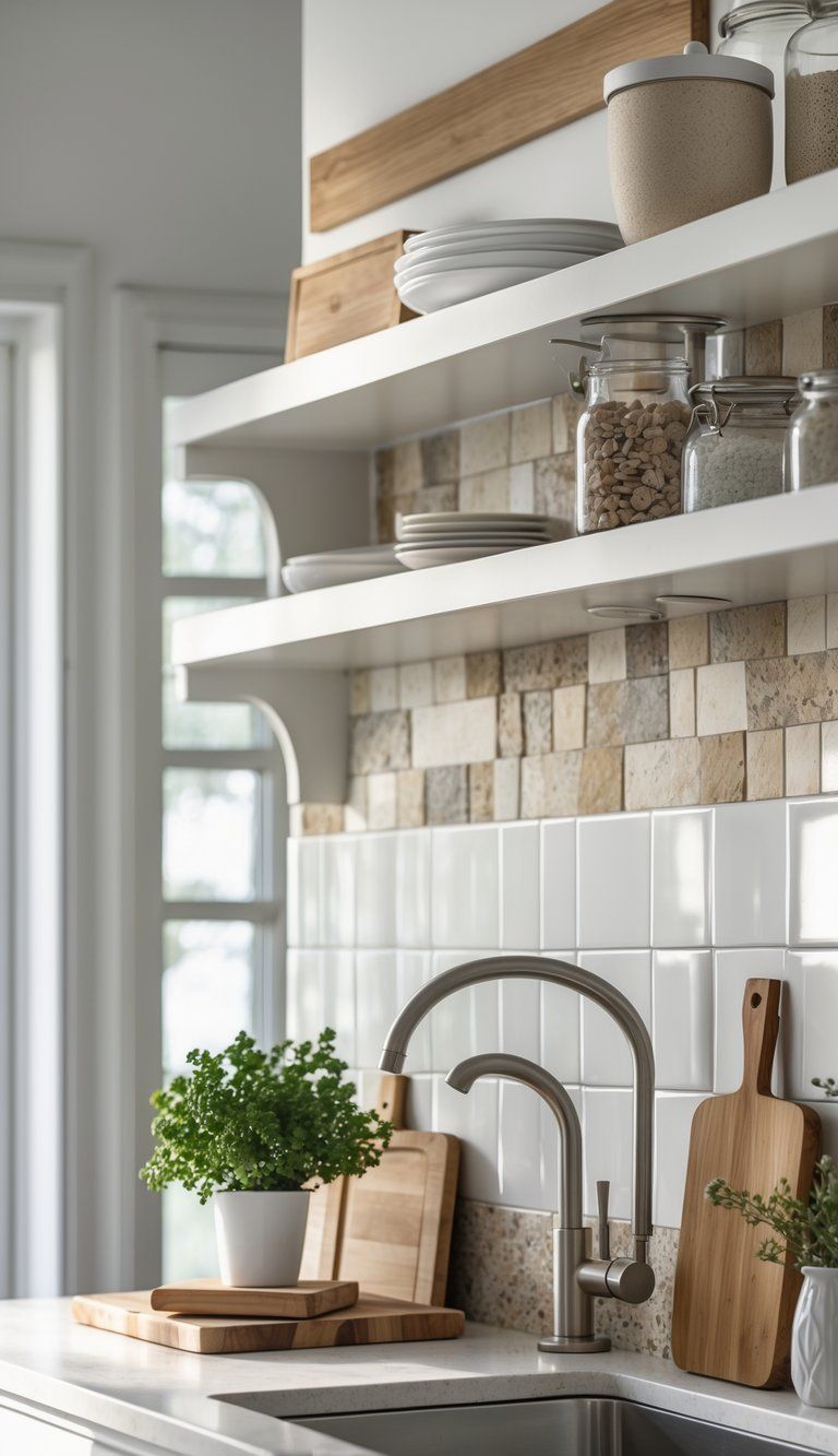 A kitchen backsplash area displaying different timeless materials like white subway tiles and natural stone with a clean countertop and kitchen accessories.