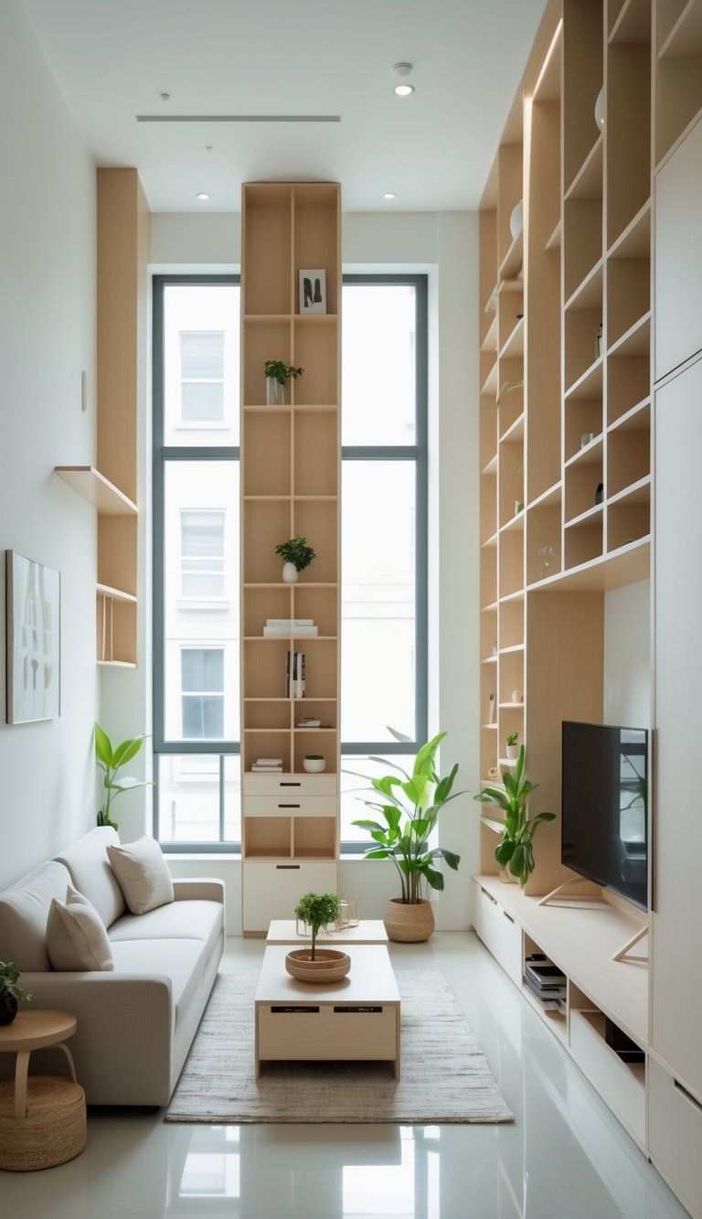 A small living room with tall shelves, hidden cabinets, and multi-functional furniture designed to maximize space and make the room look larger.