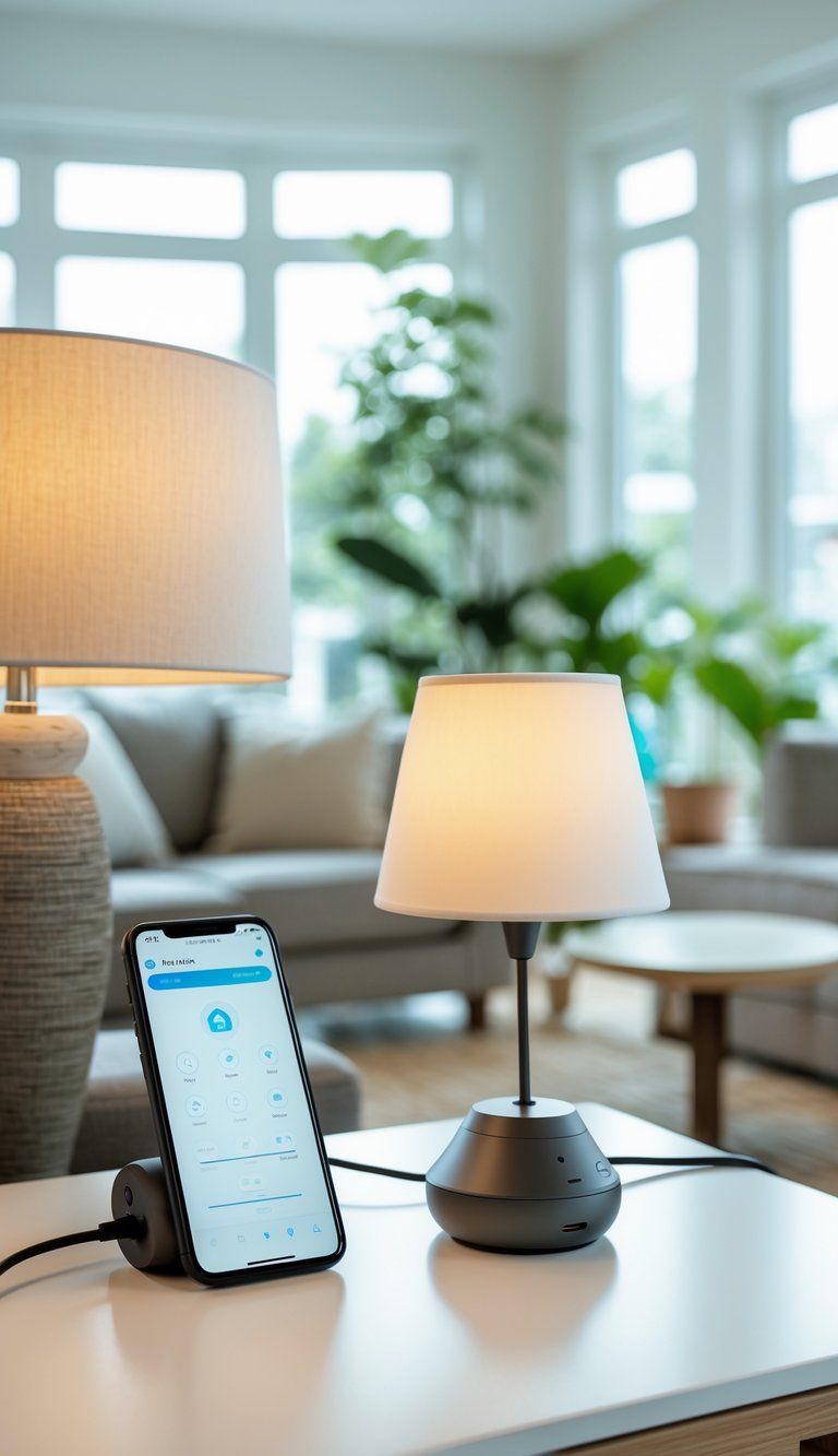 A modern living room with a smart plug connected to a lamp and a smartphone showing a device scheduling app nearby.