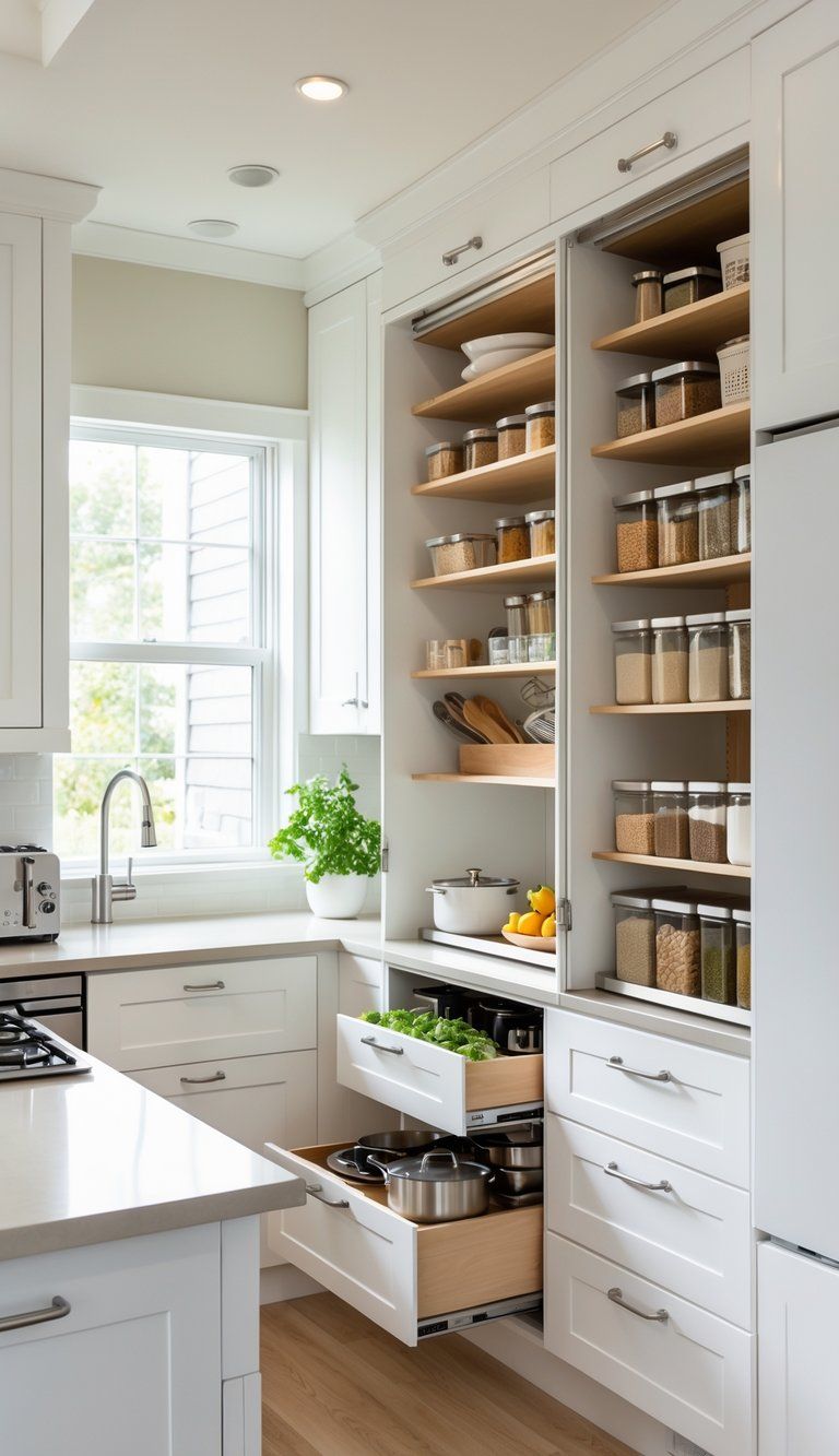 A modern kitchen with organized cabinets, pull-out drawers, open shelves with jars, and a clean countertop illuminated by natural light.