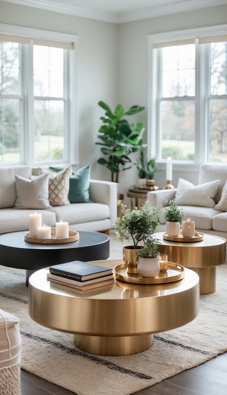 A bright living room with different shaped coffee tables styled with books, plants, candles, and decorative items.