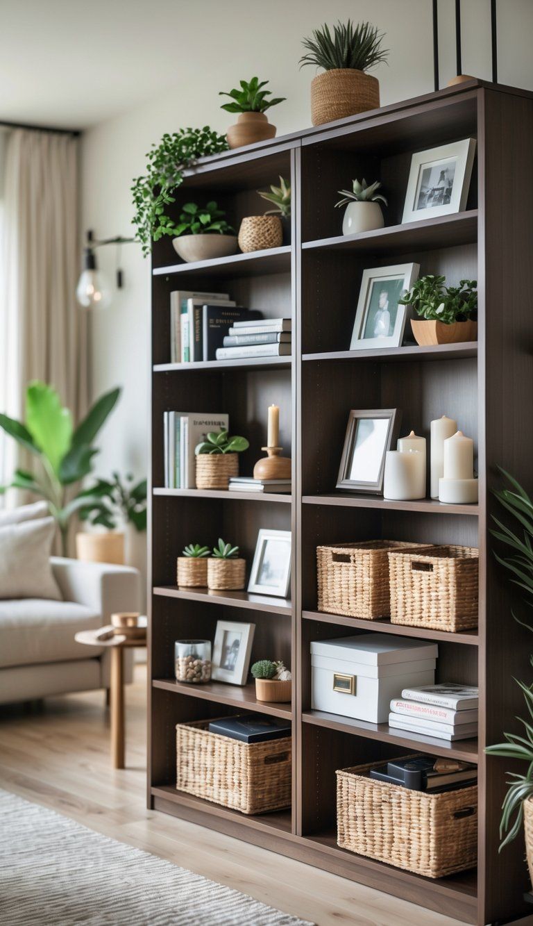 A neatly organized bookshelf filled with books, plants, baskets, and decorative items in a living room.