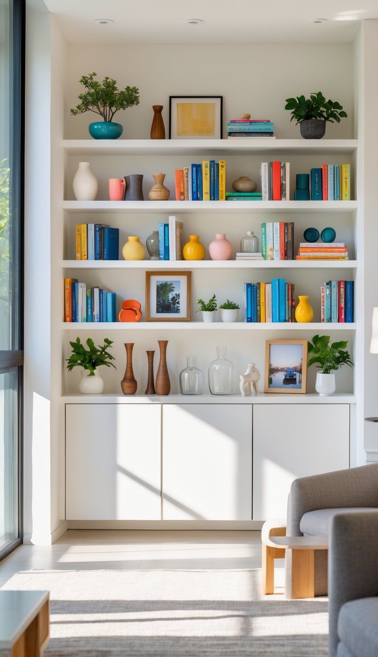 A built-in bookshelf filled with books, plants, and decorative items in a bright living room with natural light.