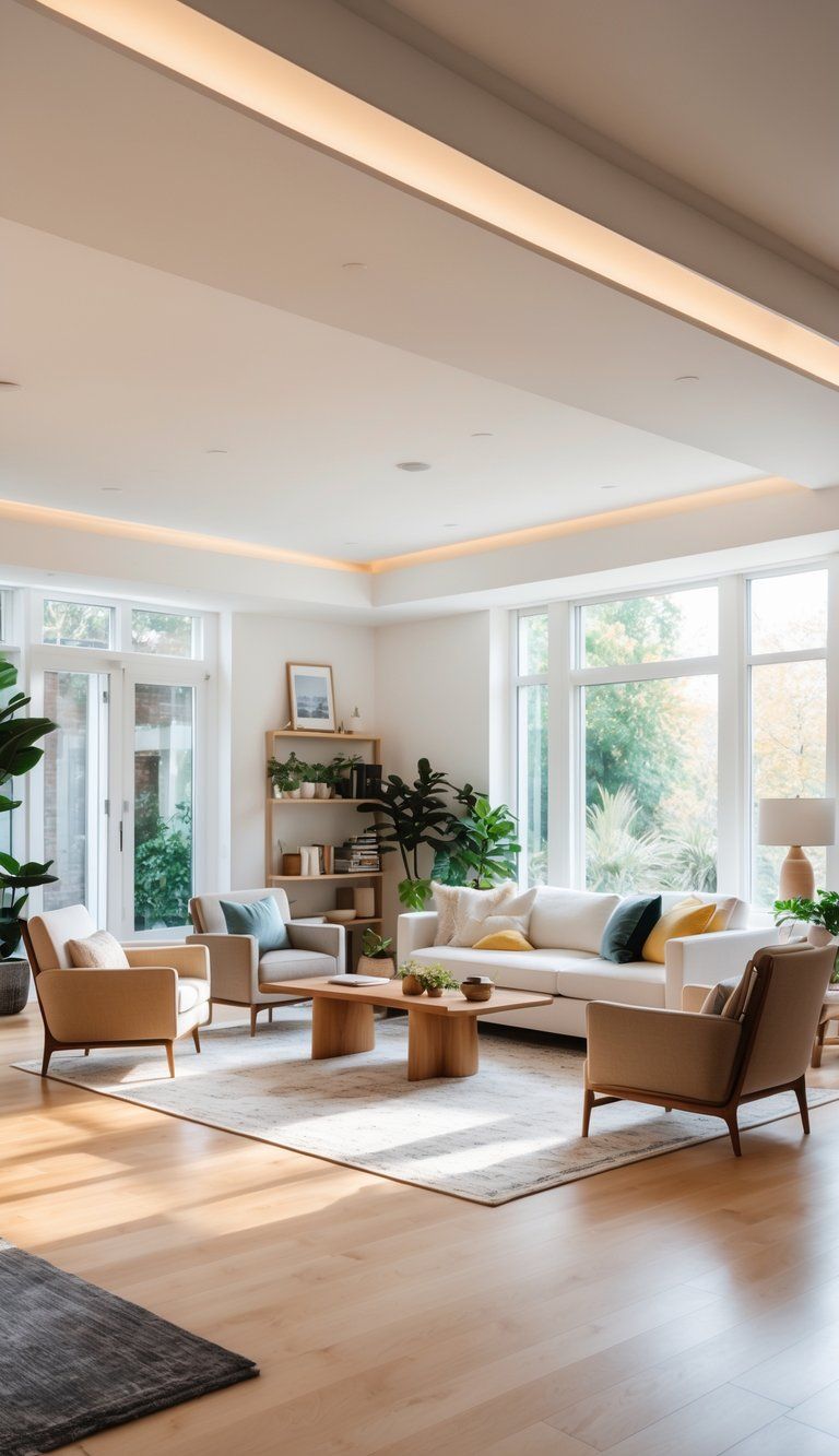 A bright living room with a sofa, armchairs, coffee table, plants, and bookshelves arranged to create a comfortable and inviting space.