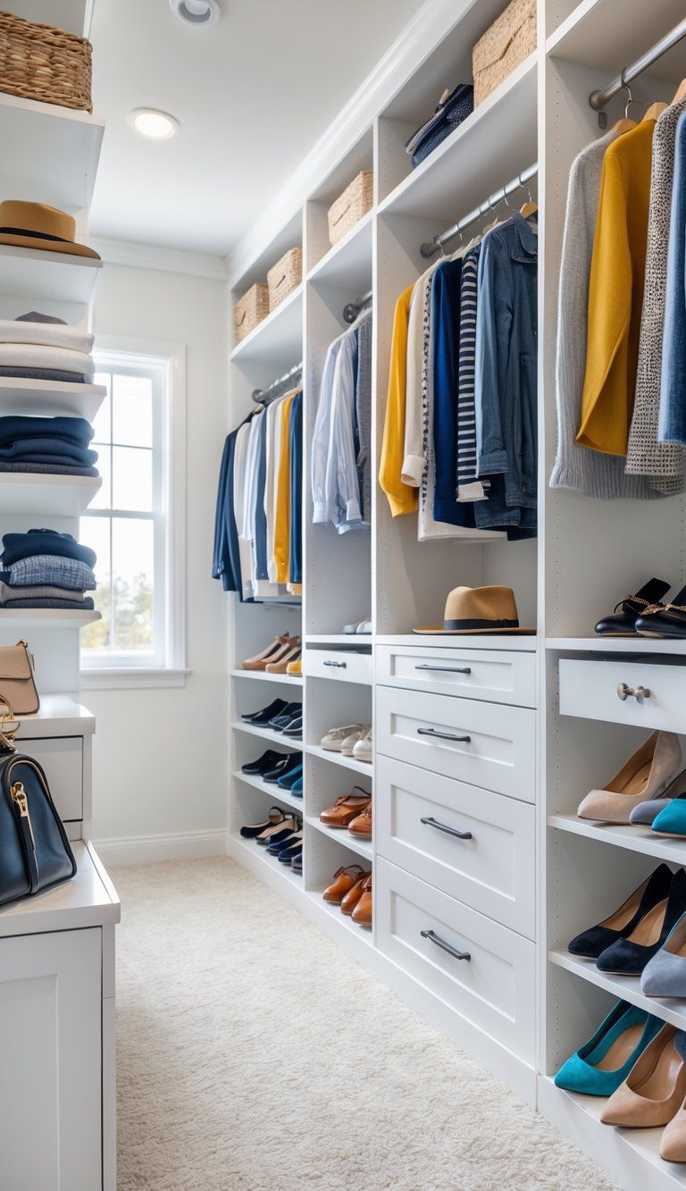 A neatly organized custom closet with shelves, hanging clothes, shoe racks, and storage bins in a bright room.