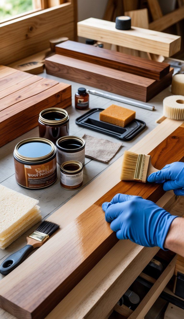 Hands applying wood finish with a brush on a wooden plank surrounded by wood finishing tools and materials on a workbench.