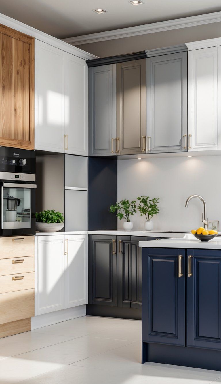 A kitchen interior displaying various kitchen cabinets in different colors and finishes arranged neatly with a countertop and decorative items.