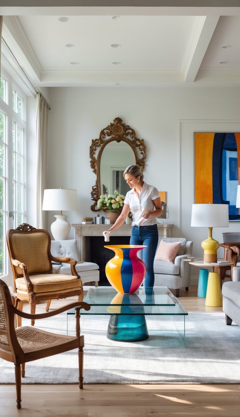 A person arranging furniture in a living room that combines old and new pieces, including a wooden armchair, glass coffee table, and decorative items.