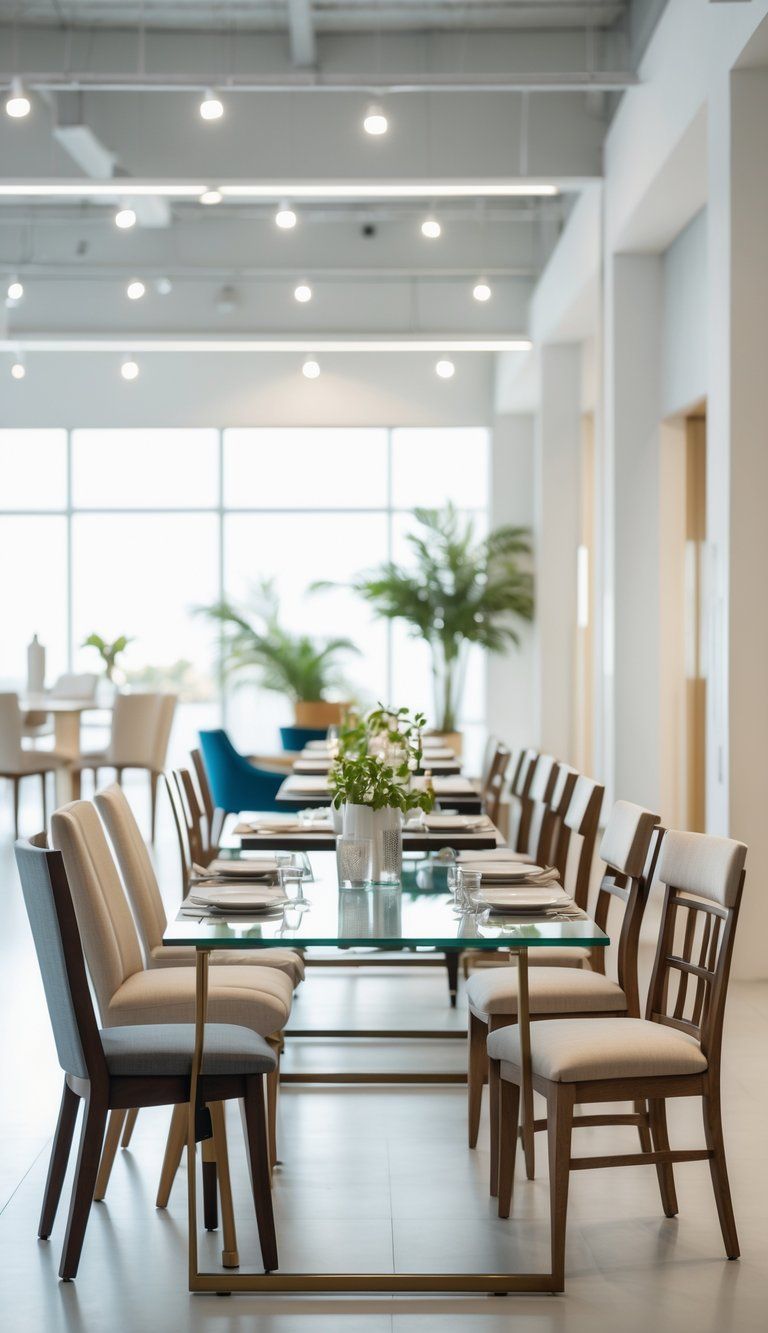 A bright showroom displaying several dining tables each paired with matching chairs, arranged neatly with natural lighting and minimal decor.