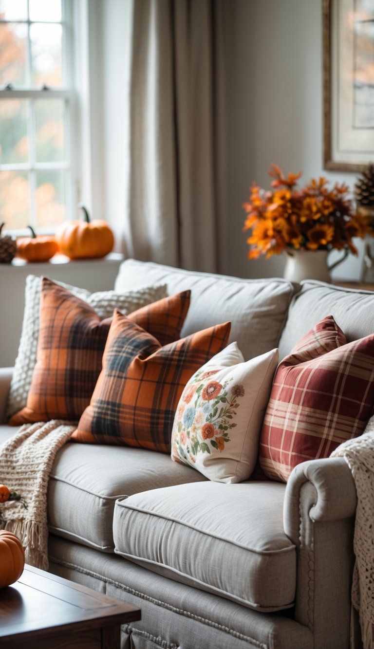 A sofa with a variety of seasonal decorative pillows arranged neatly, surrounded by cozy home decor including a throw blanket and seasonal accents.
