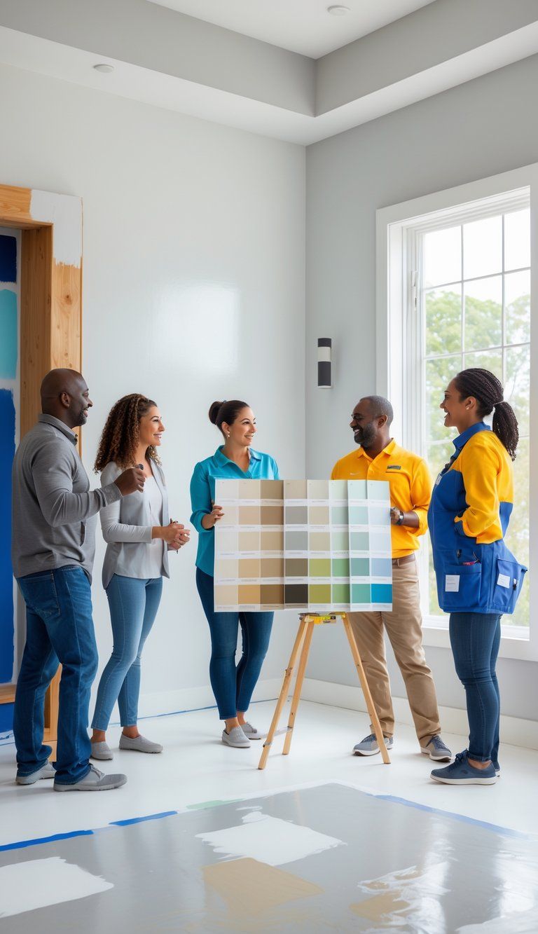 A group of people discussing paint samples in a bright room with freshly painted walls and various surface types.