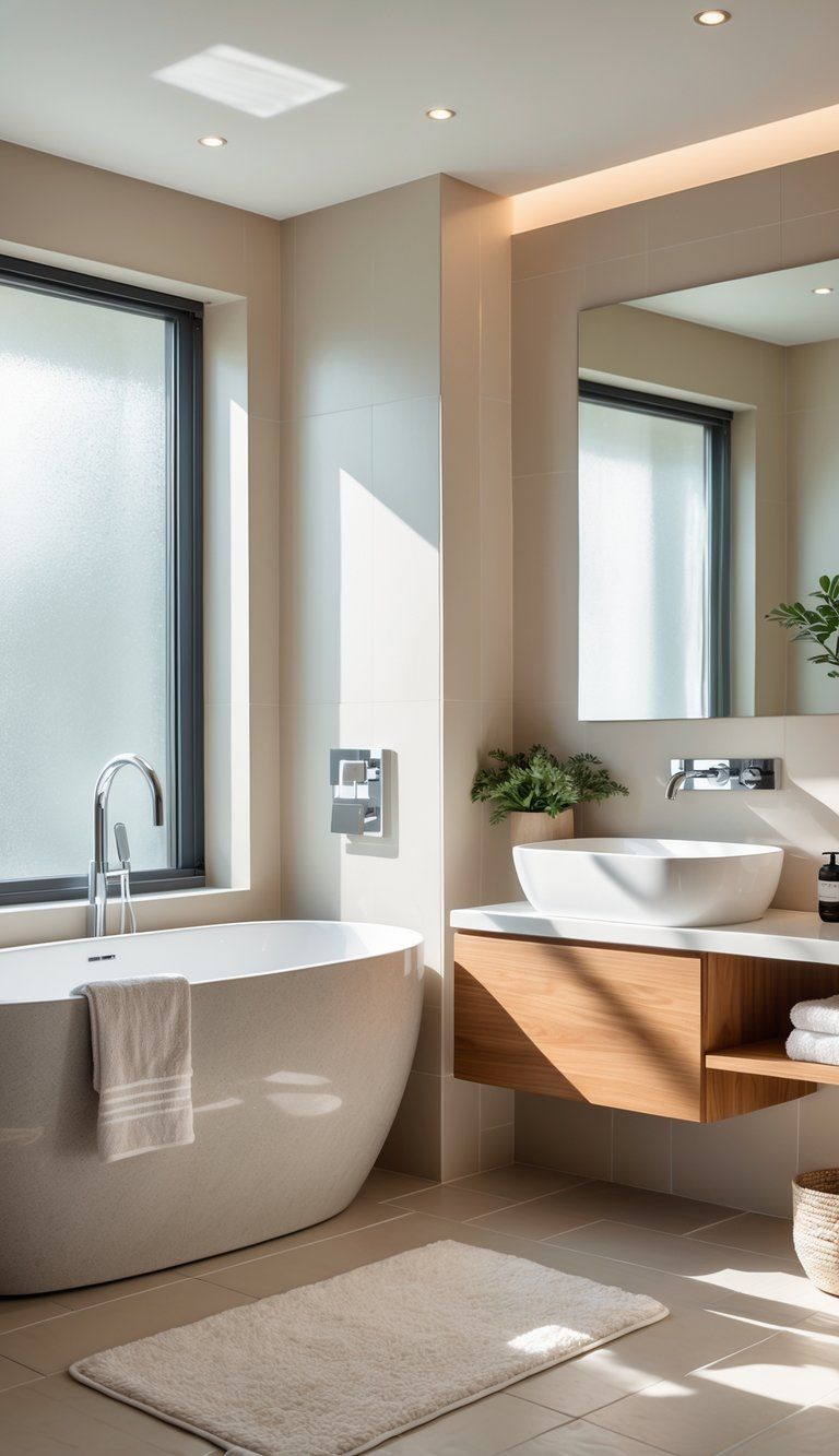 A modern bathroom interior with a bathtub, floating vanity, tiled floors and walls, and natural light coming through a window.