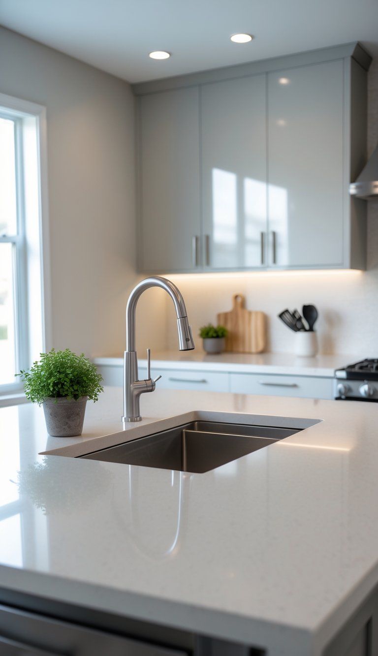 A modern kitchen featuring a stainless steel sink with a faucet, surrounded by countertops, kitchen utensils, and a small plant, illuminated by natural light.