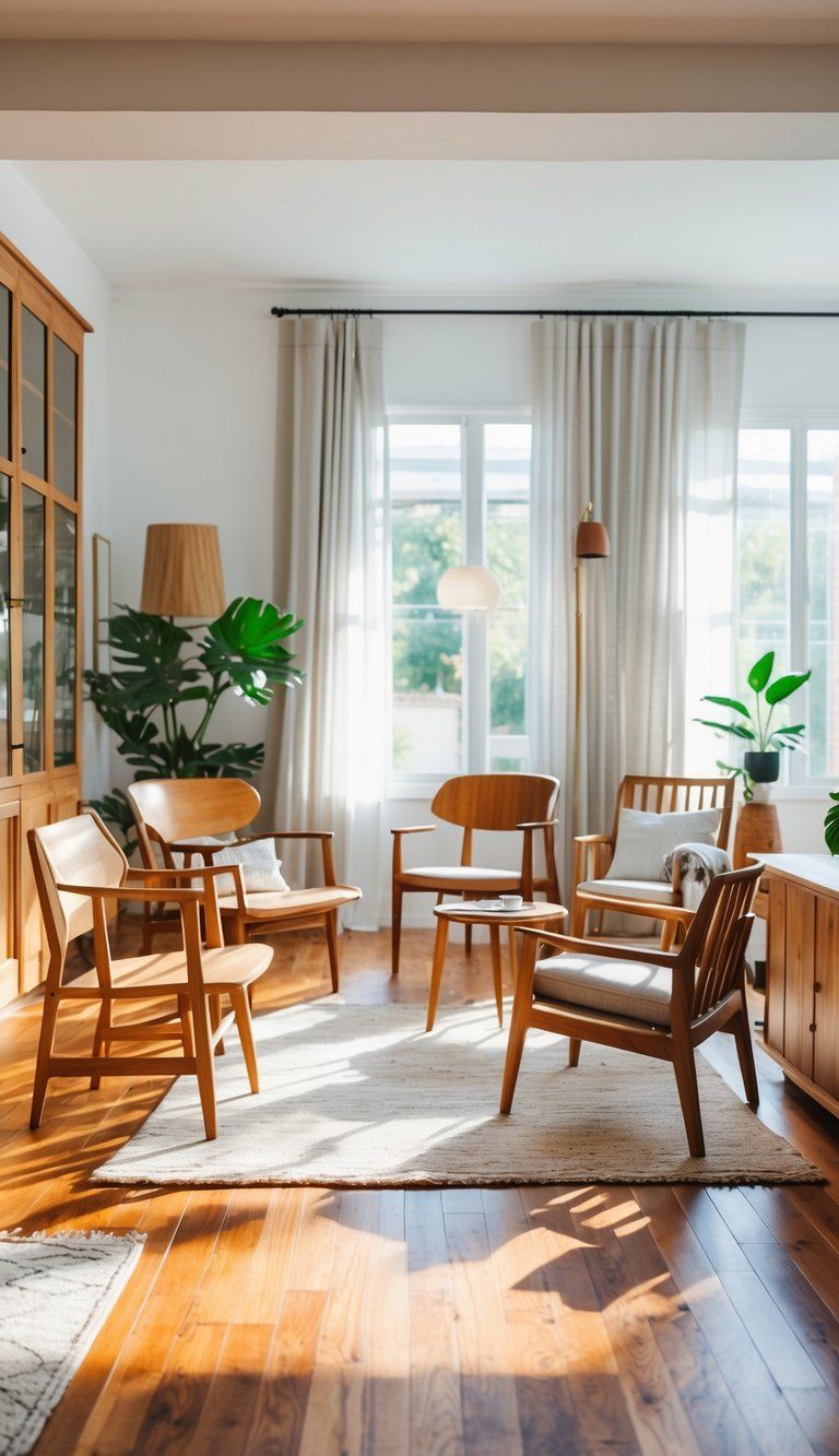 A bright living room with various wooden furniture pieces arranged on hardwood floors, illuminated by natural light from large windows.