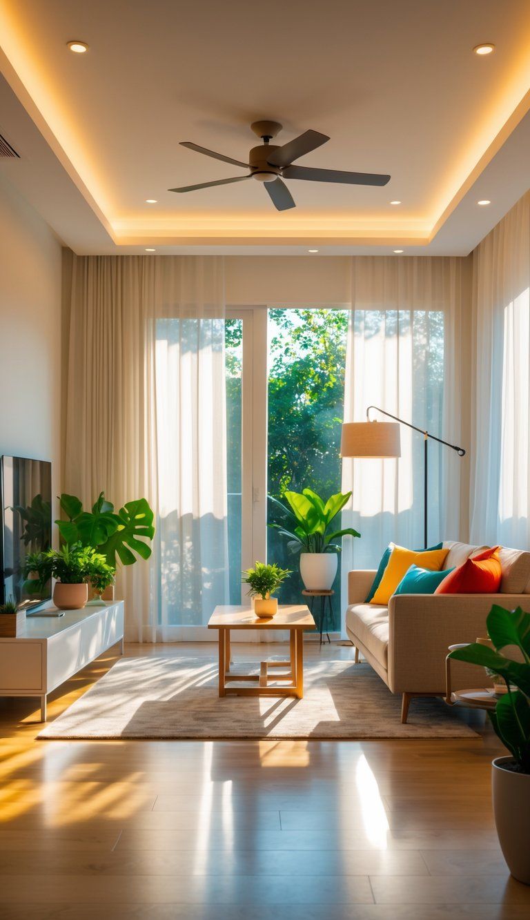 A modern living room brightly lit by sunlight through large windows and supplemented by ceiling lights and a floor lamp, featuring a sofa, coffee table, and indoor plants.