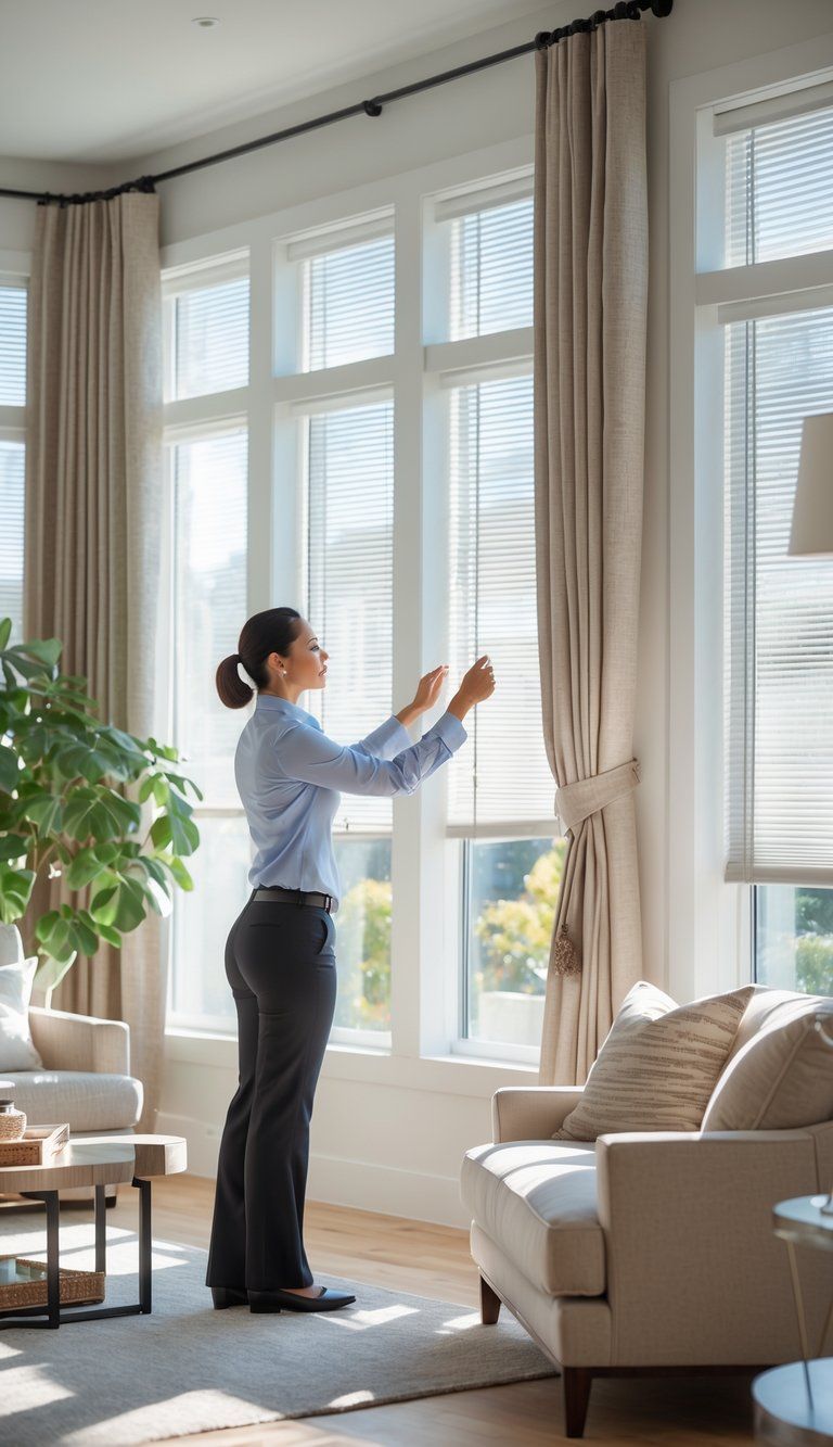 A person inspecting window blinds in a bright living room with large windows and home decor.